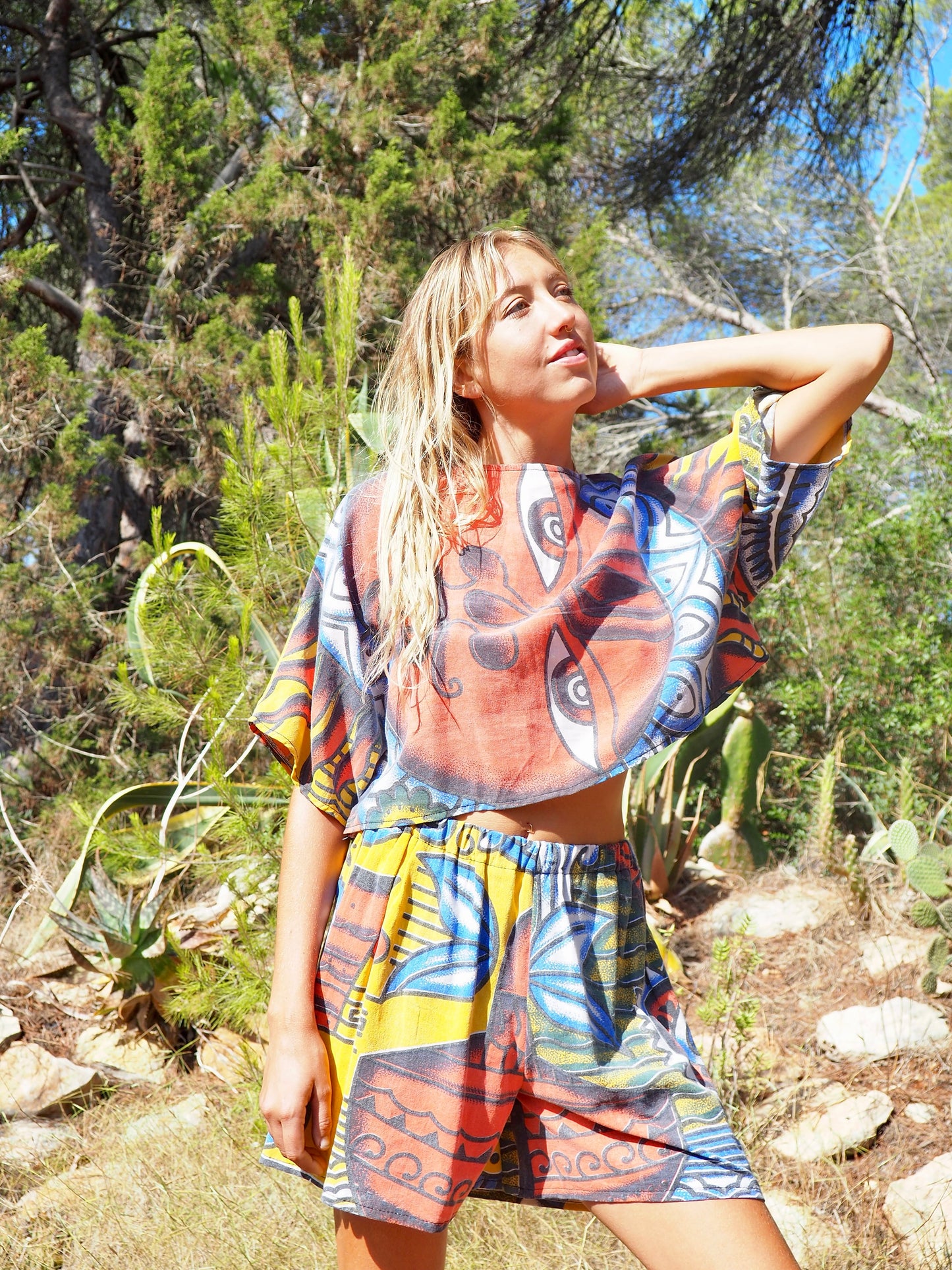 Up-cycled cotton Top with face red blue and yellow print up-cycled by Vagabond Ibiza