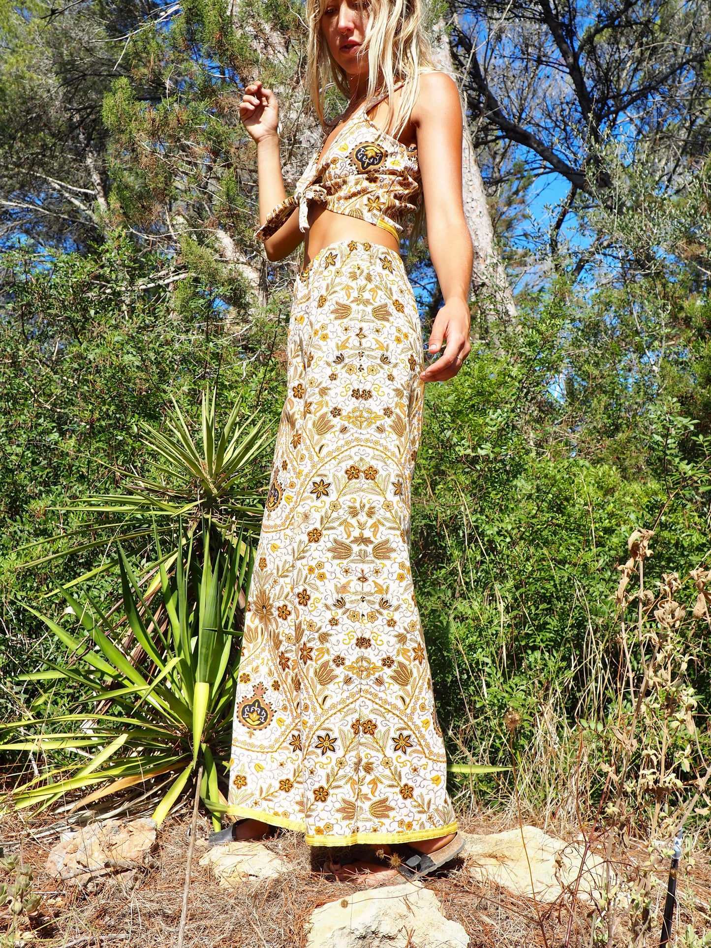 Up-cycled heavy cotton wide leg pants Cream yellow and black floral printed textiles from france very nice quality by Vagabond Ibiza made