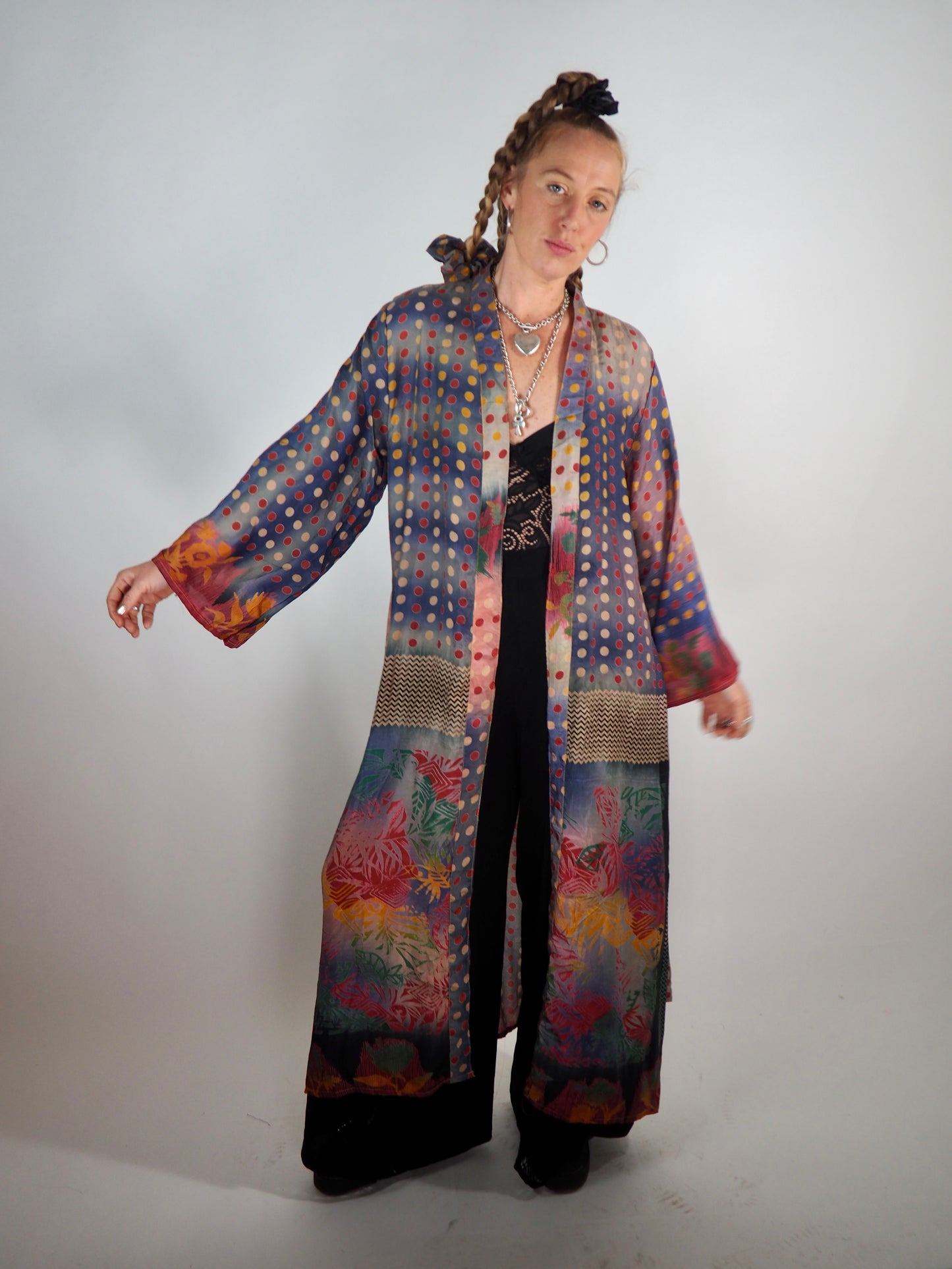The Kardash Long Kimono – Up-cycled Vintage Sari long Kimono Robe with Waist Tie + Matching Scrunchy & Storage Bag