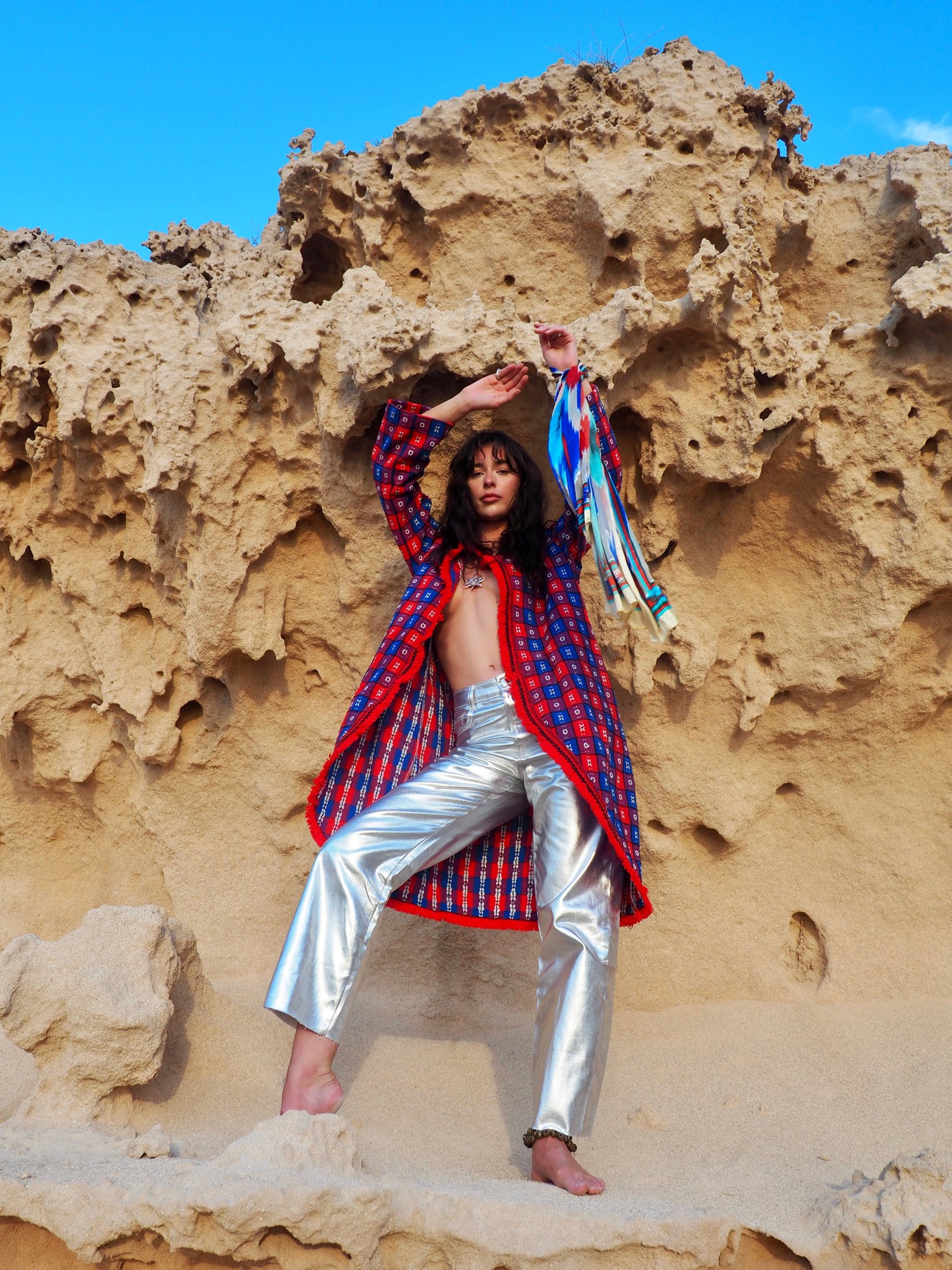 Upcycled Vintage Long Full Jacket in Red and Blue - Made by Vagabond Ibiza