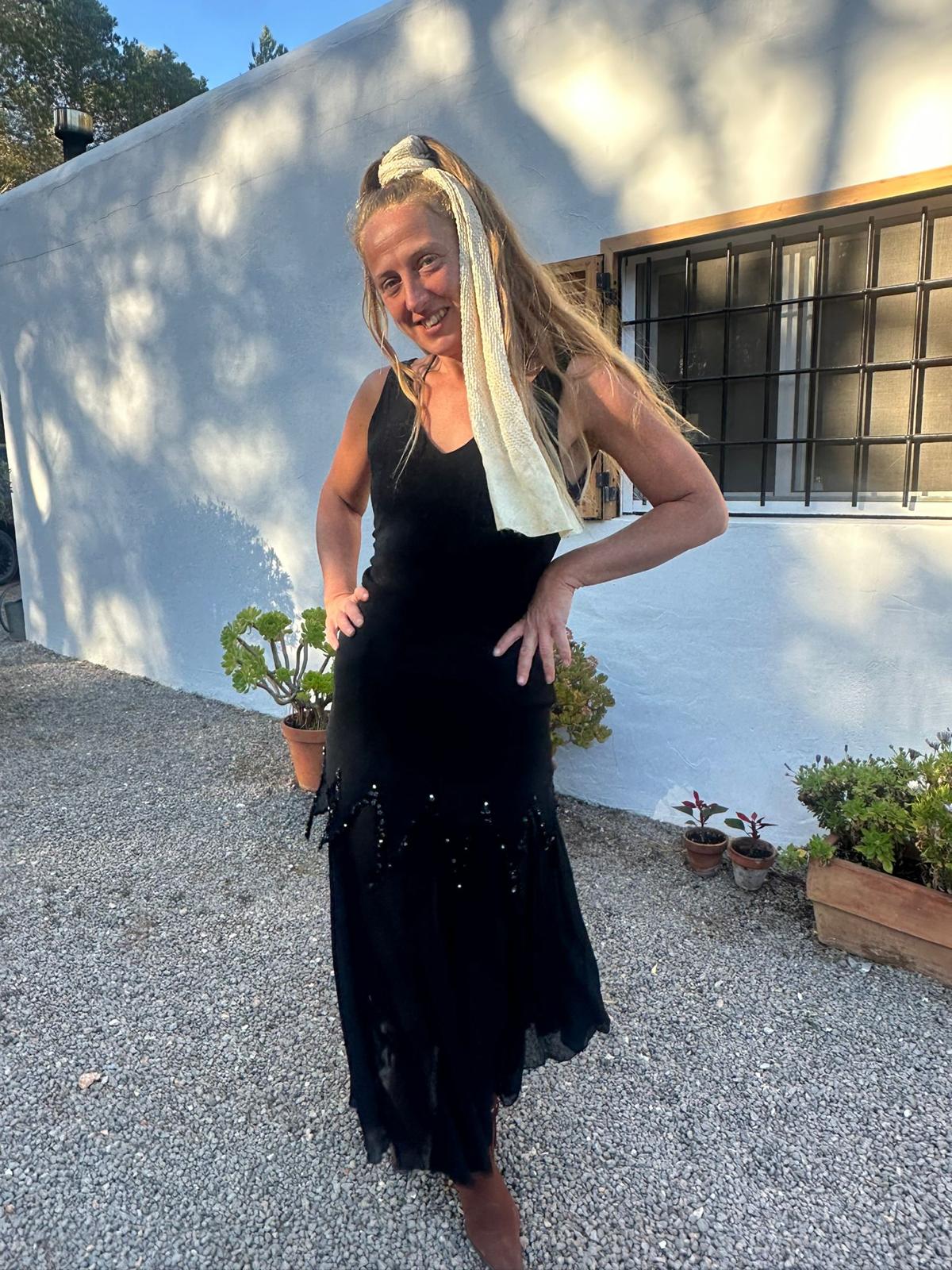 Black silk Original 1970’s Vintage evening dress with beaded details zips in the back