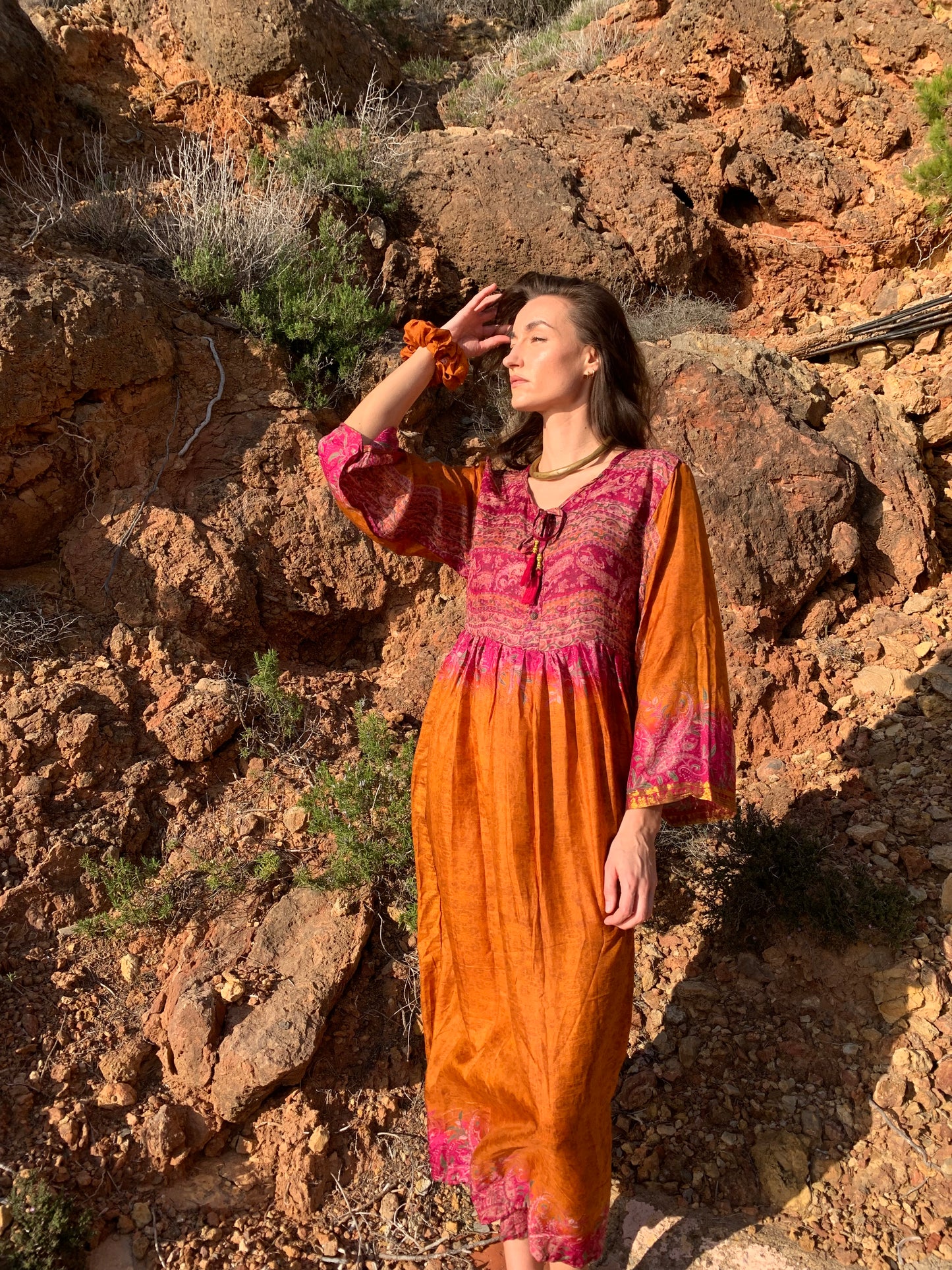 The Vadella Up-cycled Vintage Re-cycled Sari Maxi Dress – Sustainable Boho Dress with Tie Neck Detail + Matching Scrunchy & Bag