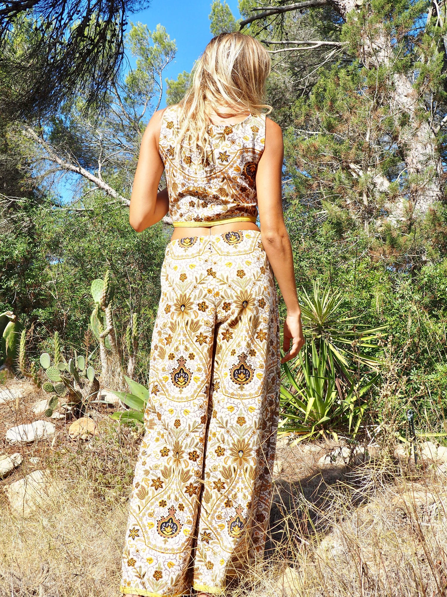 Up-cycled heavy cotton wide leg pants Cream yellow and black floral printed textiles from france very nice quality by Vagabond Ibiza made