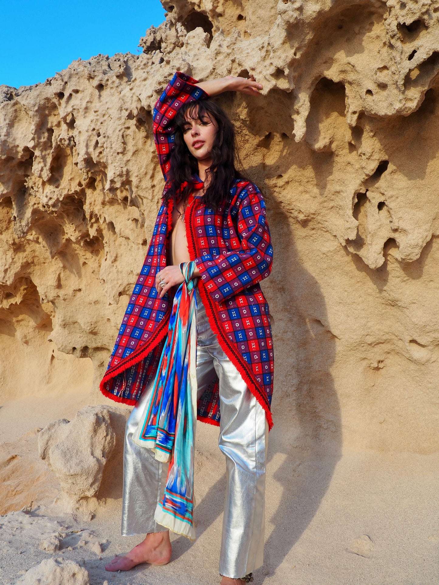 Upcycled Vintage Long Full Jacket in Red and Blue - Made by Vagabond Ibiza