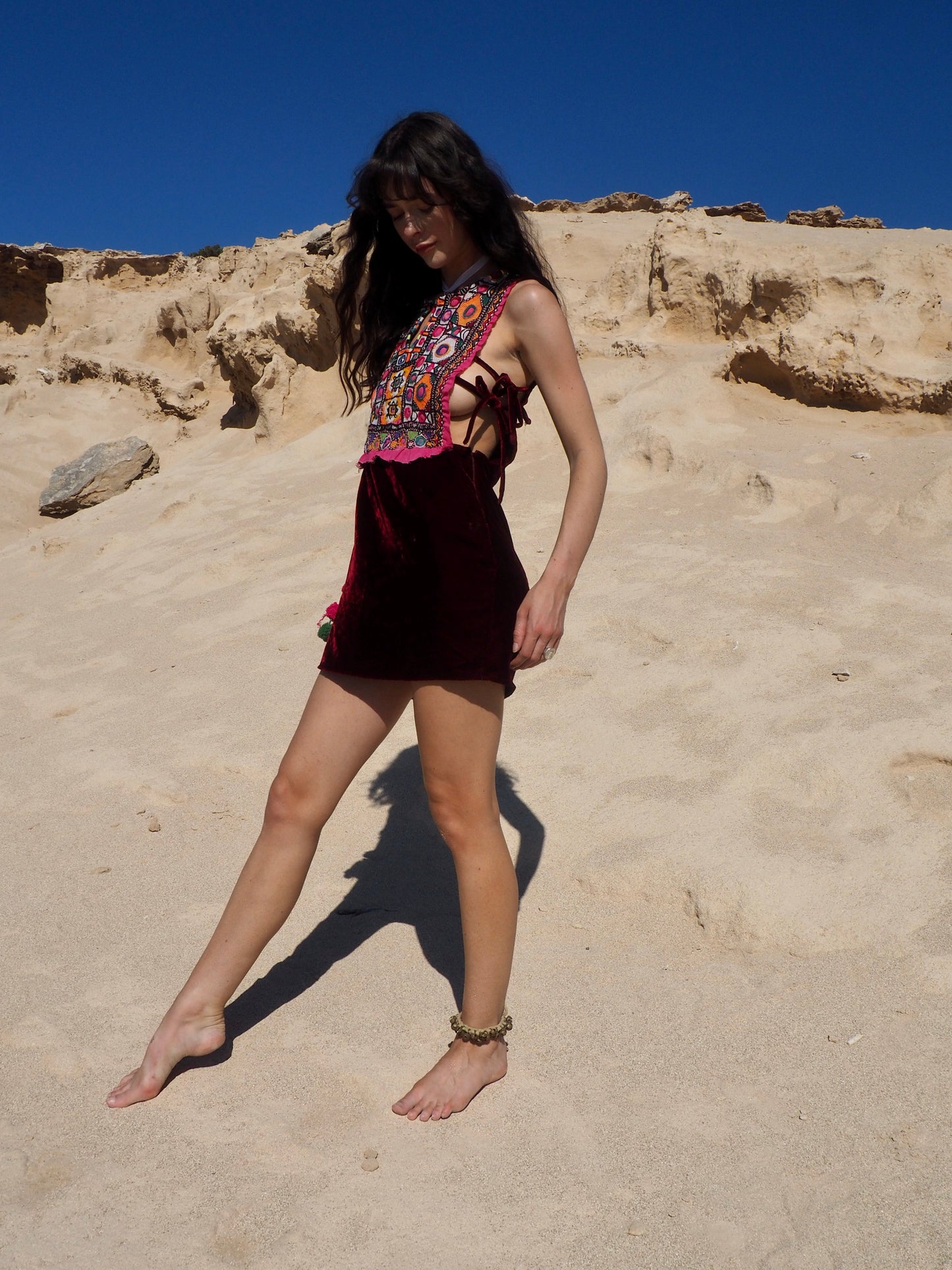 Vagabond Ibiza Up-cycled Vintage Indian Hand Embroidered Dress with vintage red velvet