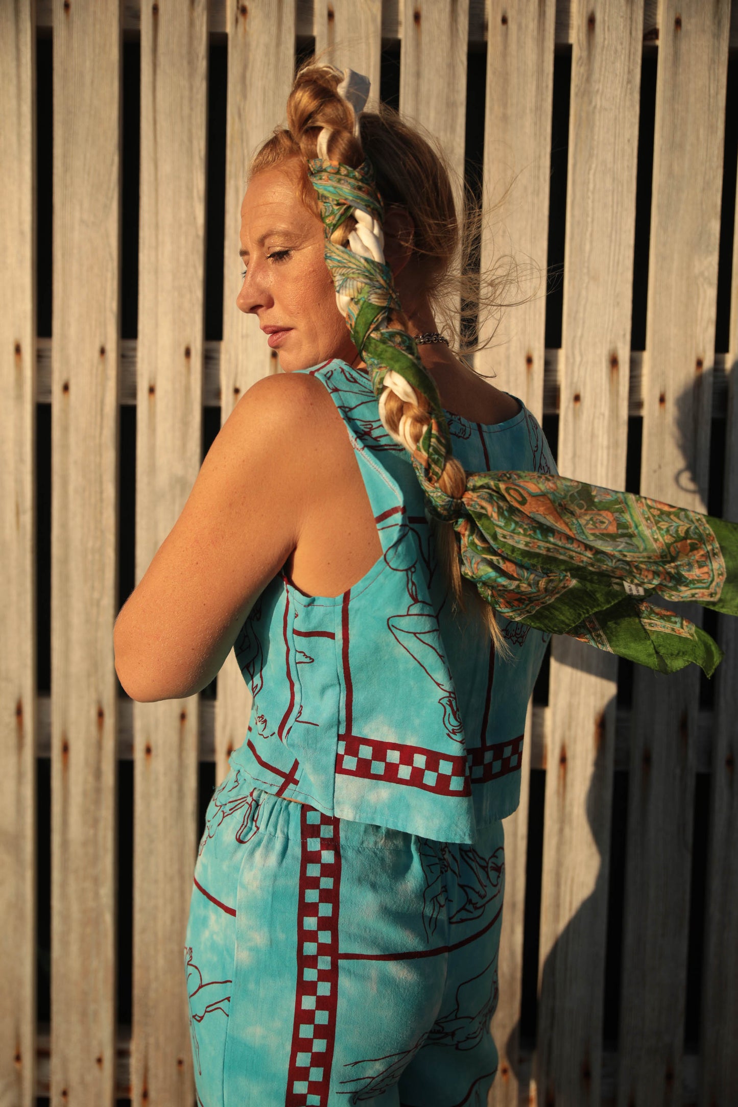 Up-cycled vintage cotton 2 piece set top and length kimono cover up with printed karma sutra design in bright blue pants sold separate