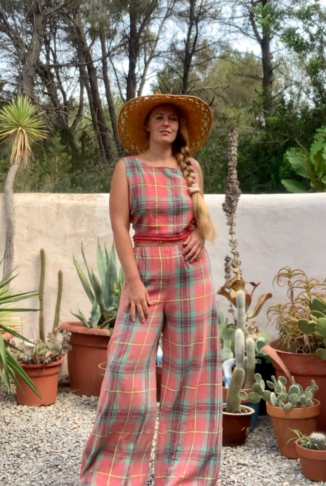 Vintage red and green 1970’s checked table cloth reversible tie crop top by Vagabond Ibiza