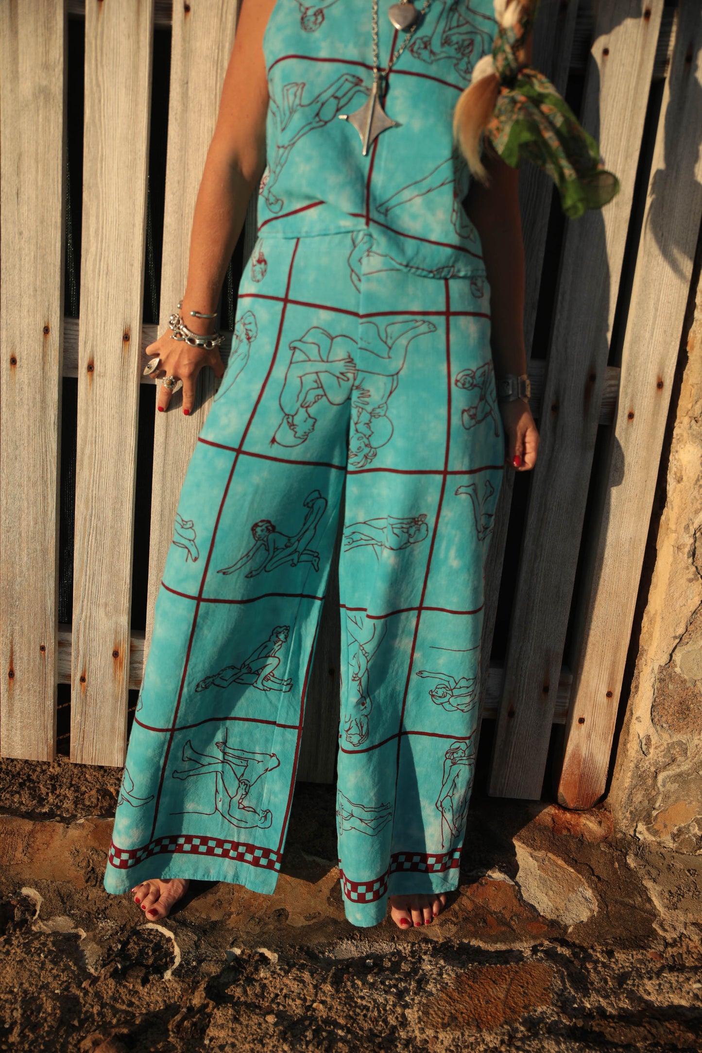 Up-cycled vintage cotton 2 piece set top and length kimono cover up with printed karma sutra design in bright blue pants sold separate