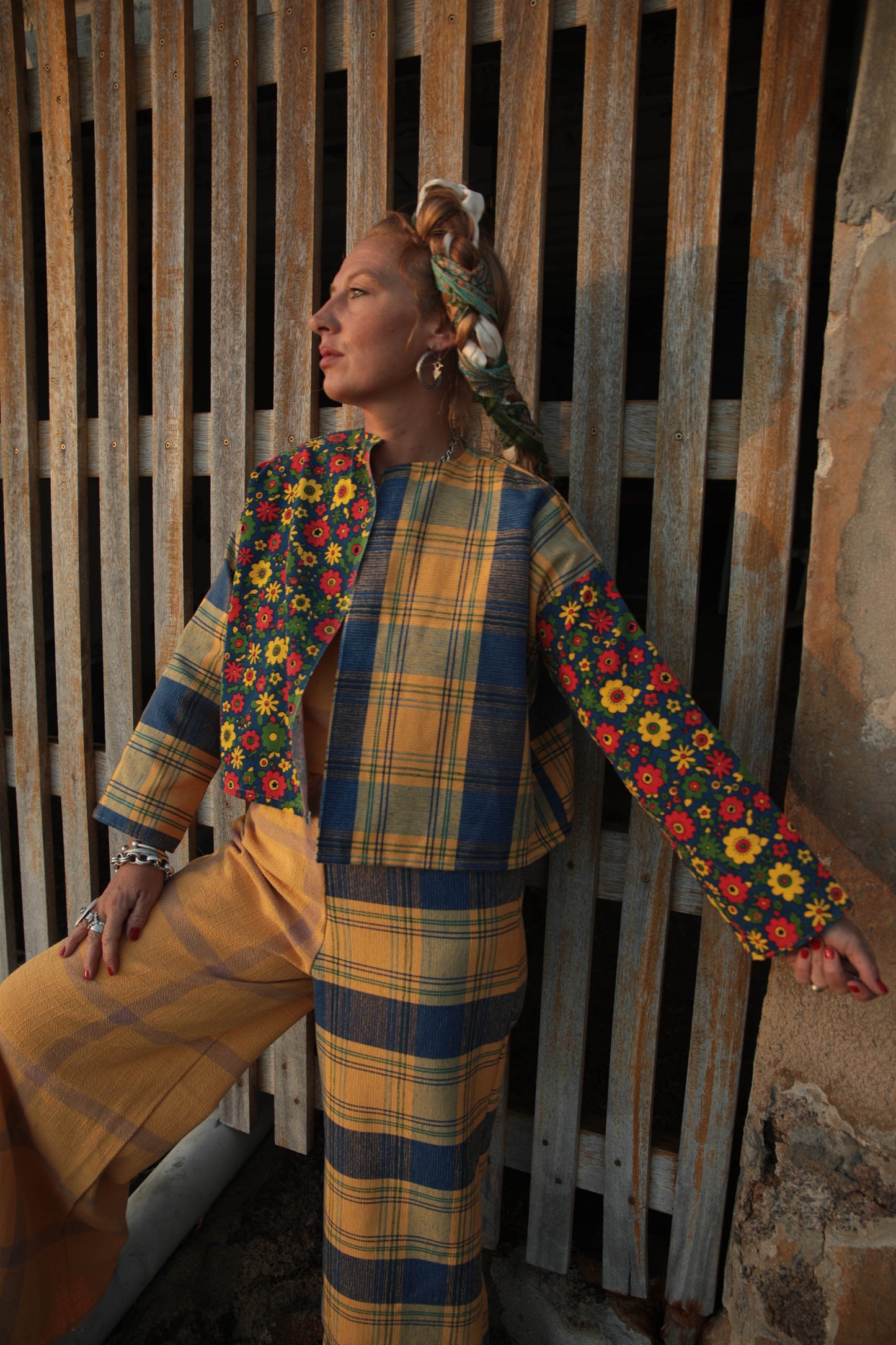 Up-cycled vintage yellow check cotton patchwork jackets with retro 1970’s floral print textiles panel's made by Vagabond Ibiza