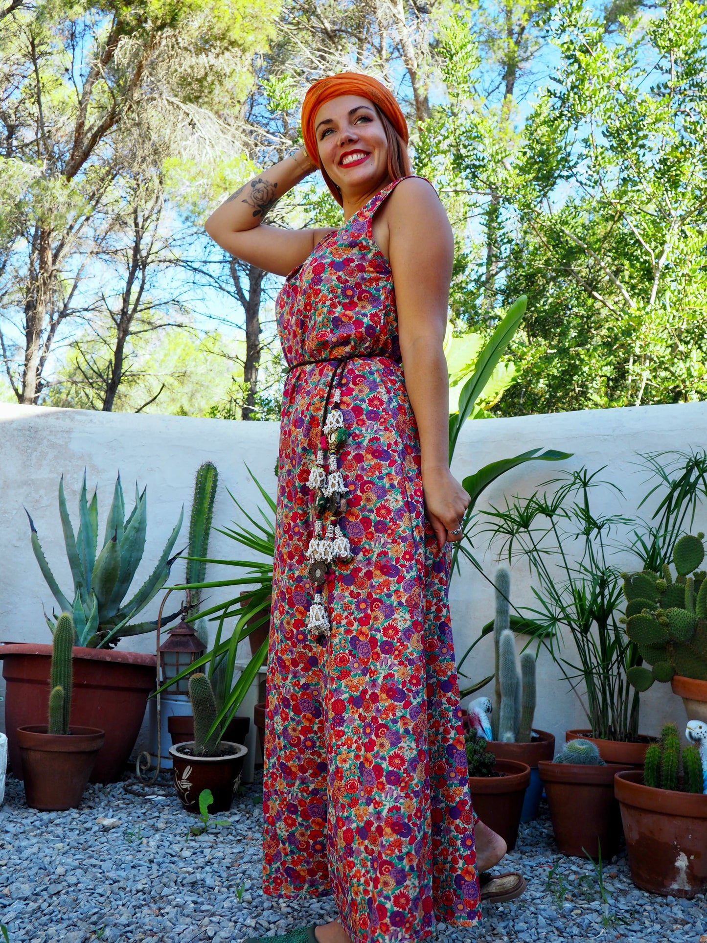 Vintage floral printed jumpsuits with wide leg pants and zip in back for fit up-cycled by Vagabond Ibiza