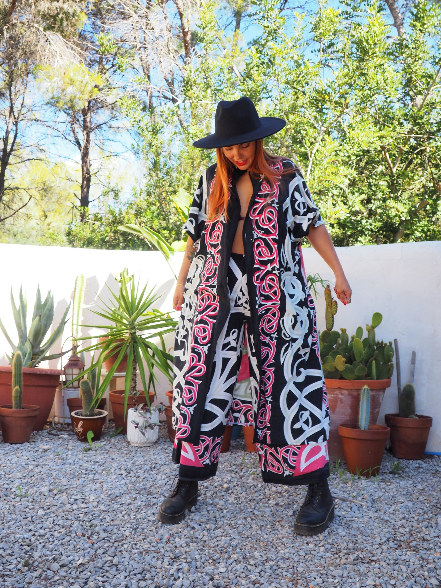 Long oversized waistcoat jacket up-cycled by Vagabond Ibiza from screen printed cotton textiles super cool.