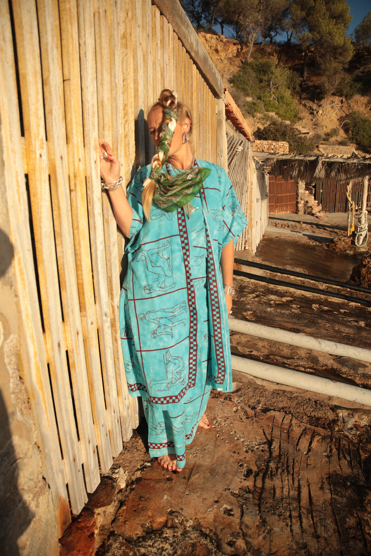 Up-cycled vintage cotton 2 piece set top and length kimono cover up with printed karma sutra design in bright blue pants sold separate