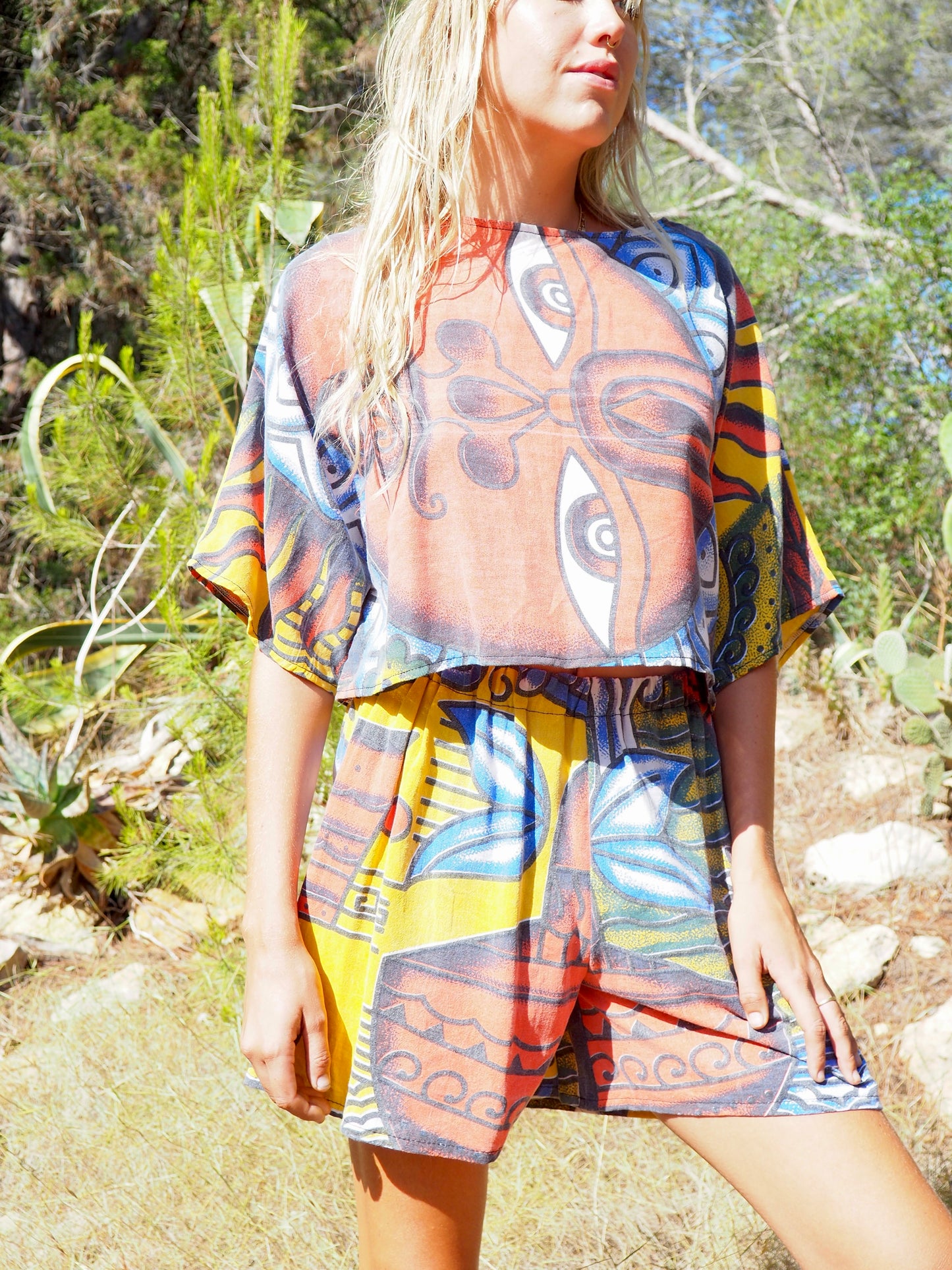 Up-cycled cotton Top with face red blue and yellow print up-cycled by Vagabond Ibiza