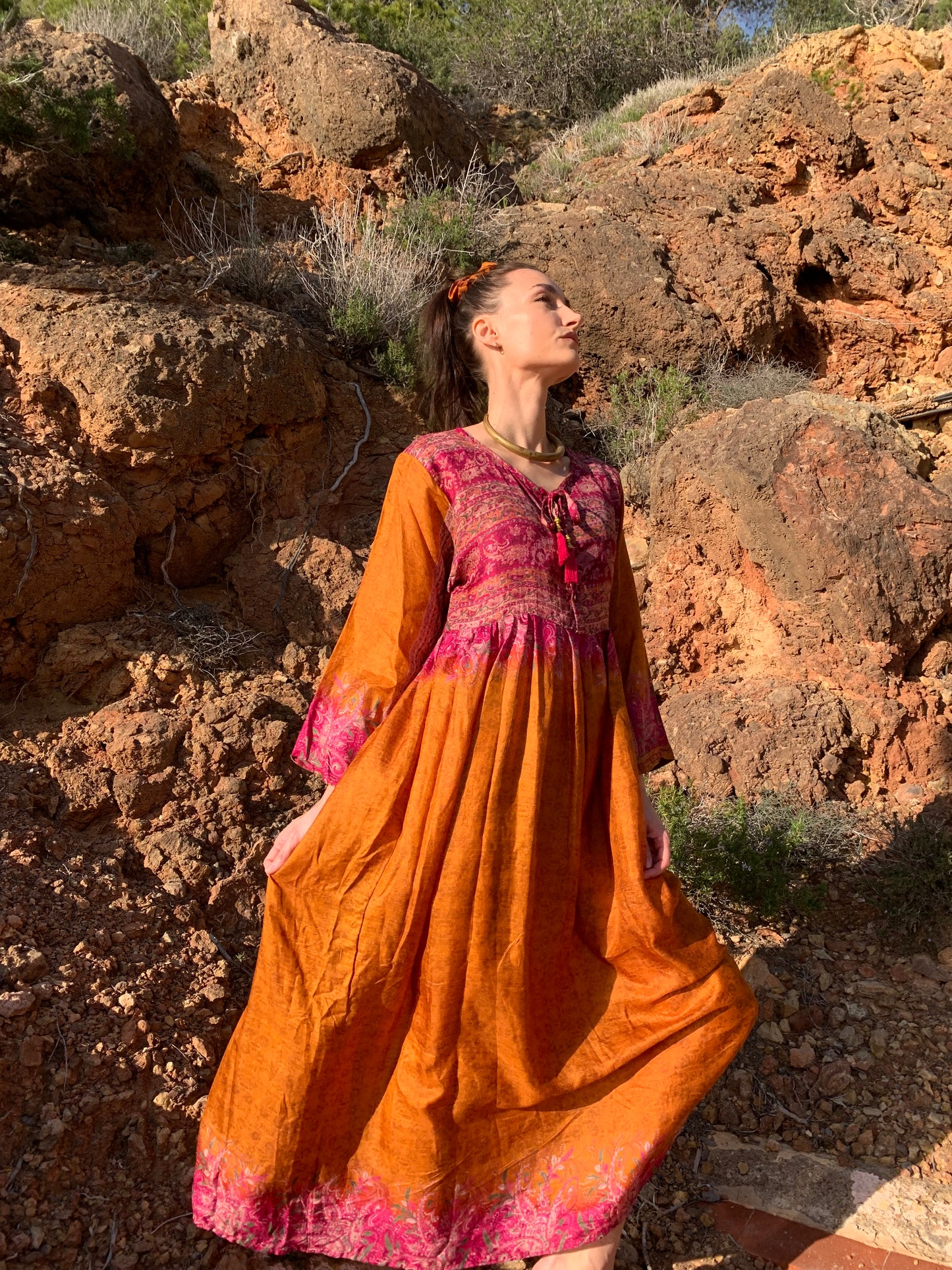 The Vadella Up-cycled Vintage Re-cycled Sari Maxi Dress – Sustainable Boho Dress with Tie Neck Detail + Matching Scrunchy & Bag