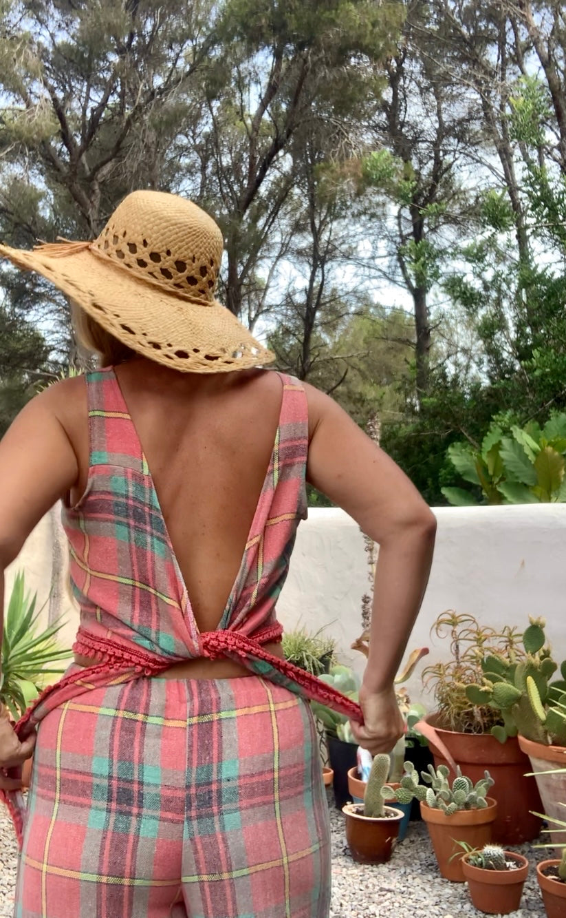 Vintage red and green 1970’s checked table cloth reversible tie crop top by Vagabond Ibiza
