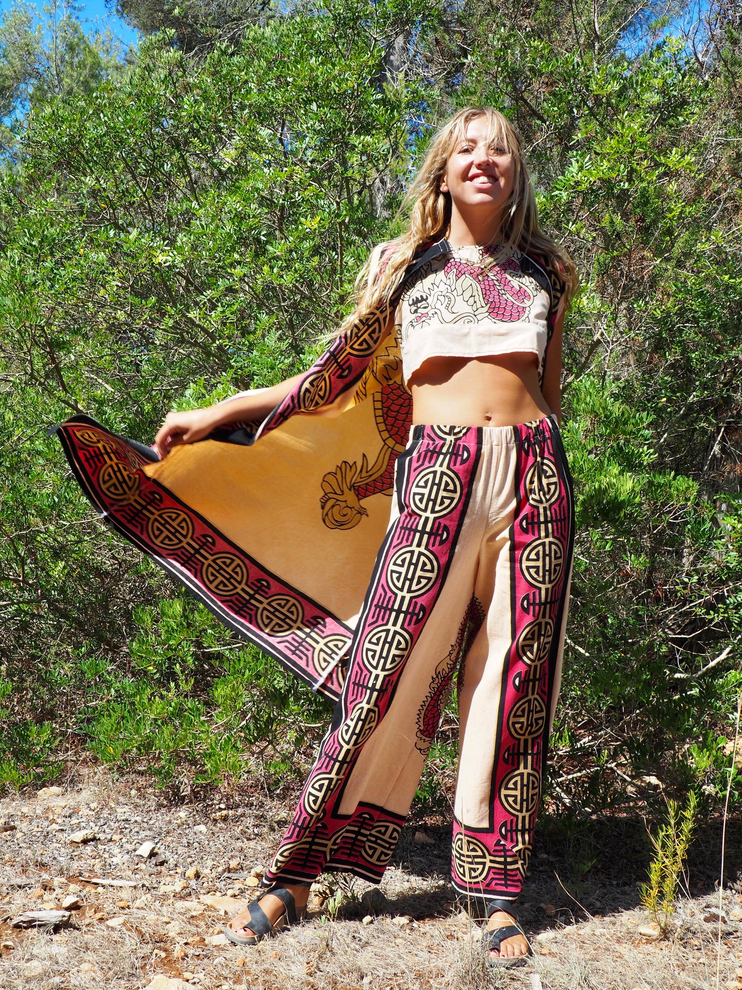 Up-cycled cotton long kimono waistcoat in pink and cream with dragon design and circular motifs by Vagabond Ibiza