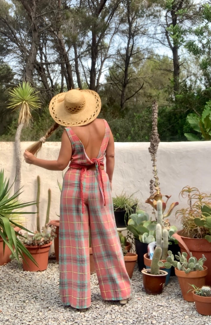 Vintage red and green 1970’s checked table cloth reversible tie crop top by Vagabond Ibiza