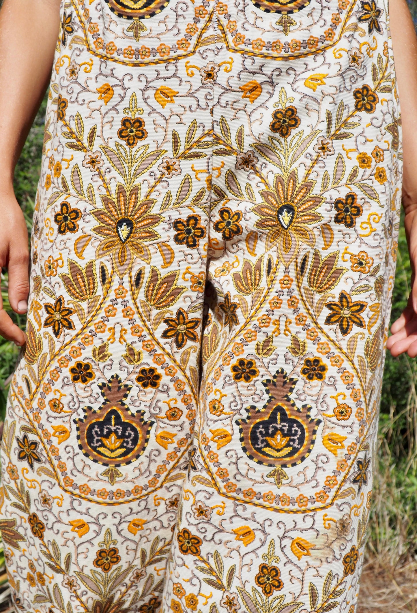 Up-cycled heavy cotton wide leg pants Cream yellow and black floral printed textiles from france very nice quality by Vagabond Ibiza made