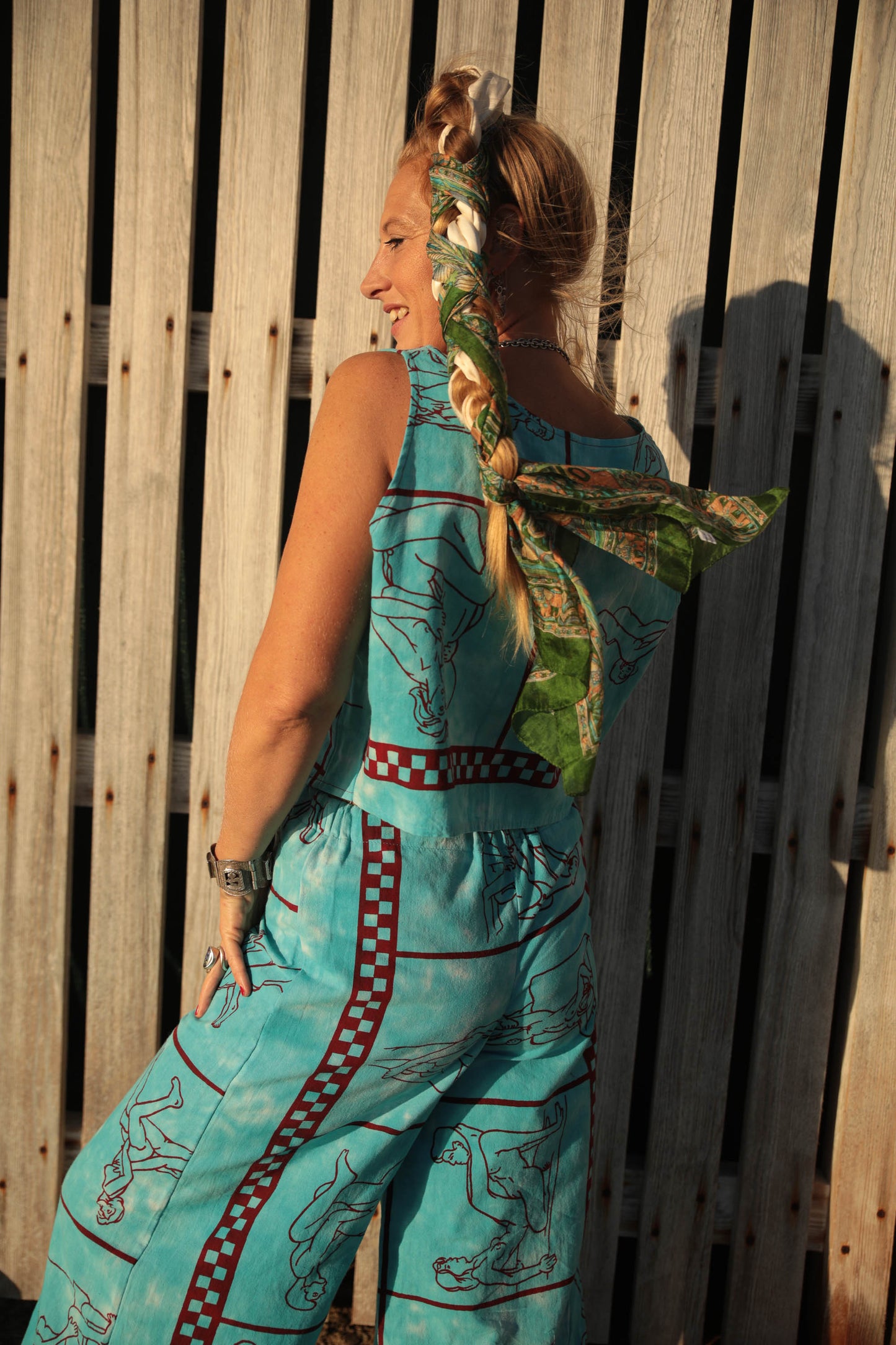 Up-cycled vintage cotton 2 piece set top and length kimono cover up with printed karma sutra design in bright blue pants sold separate