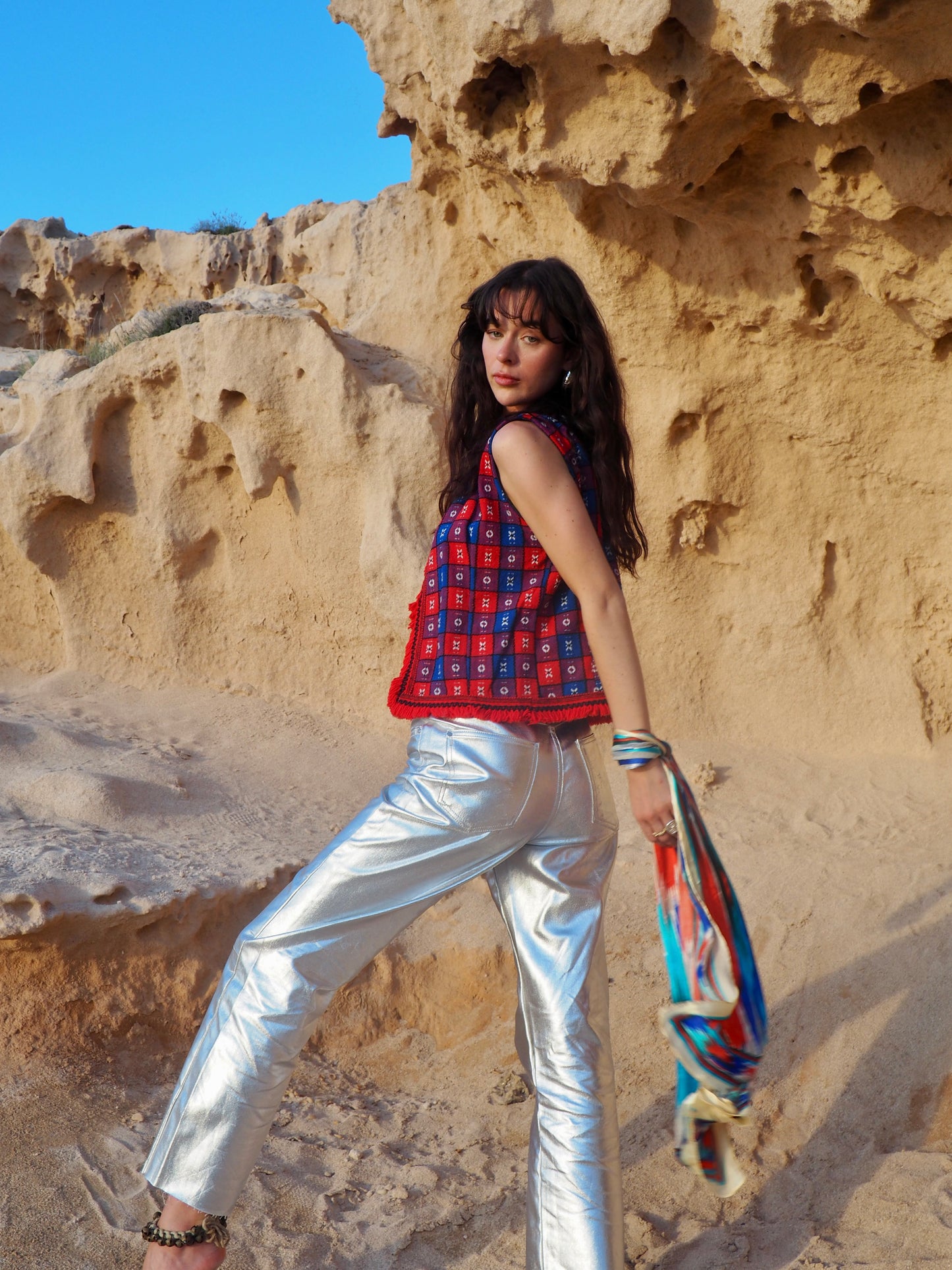Up-cycled Vintage Cropped Waistcoat in Red and Blue - Made by Vagabond Ibiza
