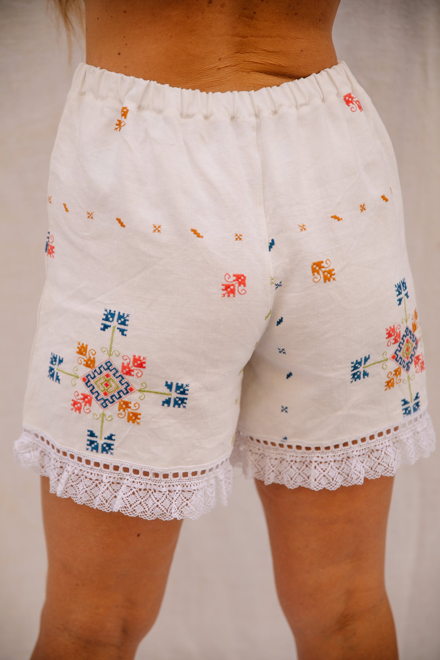 Hand-Embroidered Vintage Linen Shorts with Lace Trim by Vagabond Ibiza