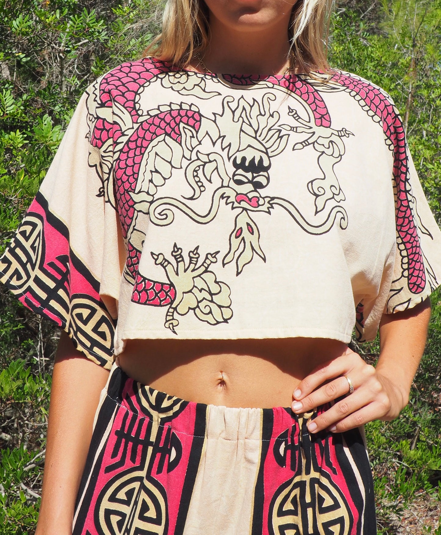 Up-cycled vintage cotton top cream and pink with dragon design by Vagabond Ibiza