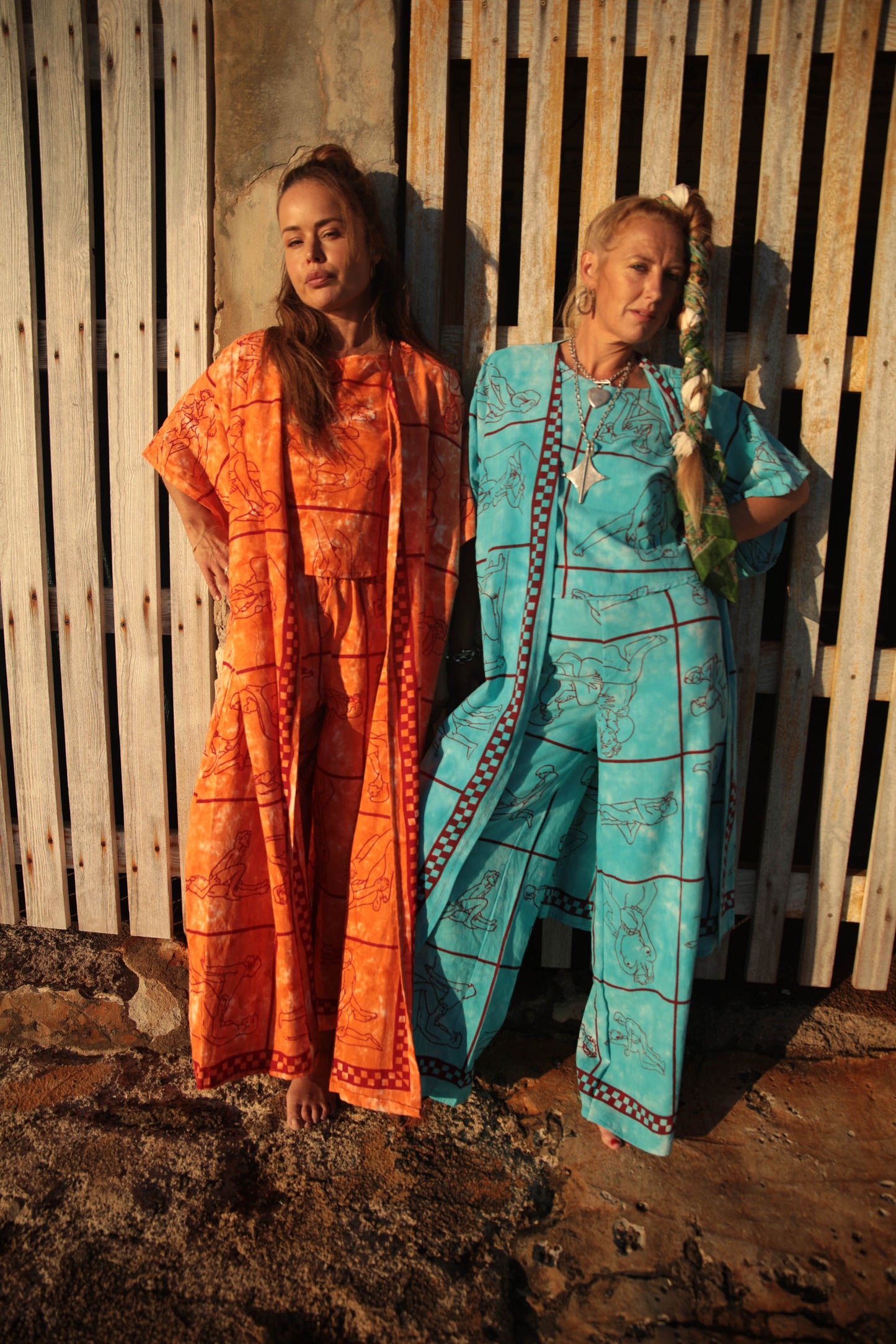 Up-cycled vintage cotton 2 piece set top and length kimono cover up with printed karma sutra design in bright blue pants sold separate