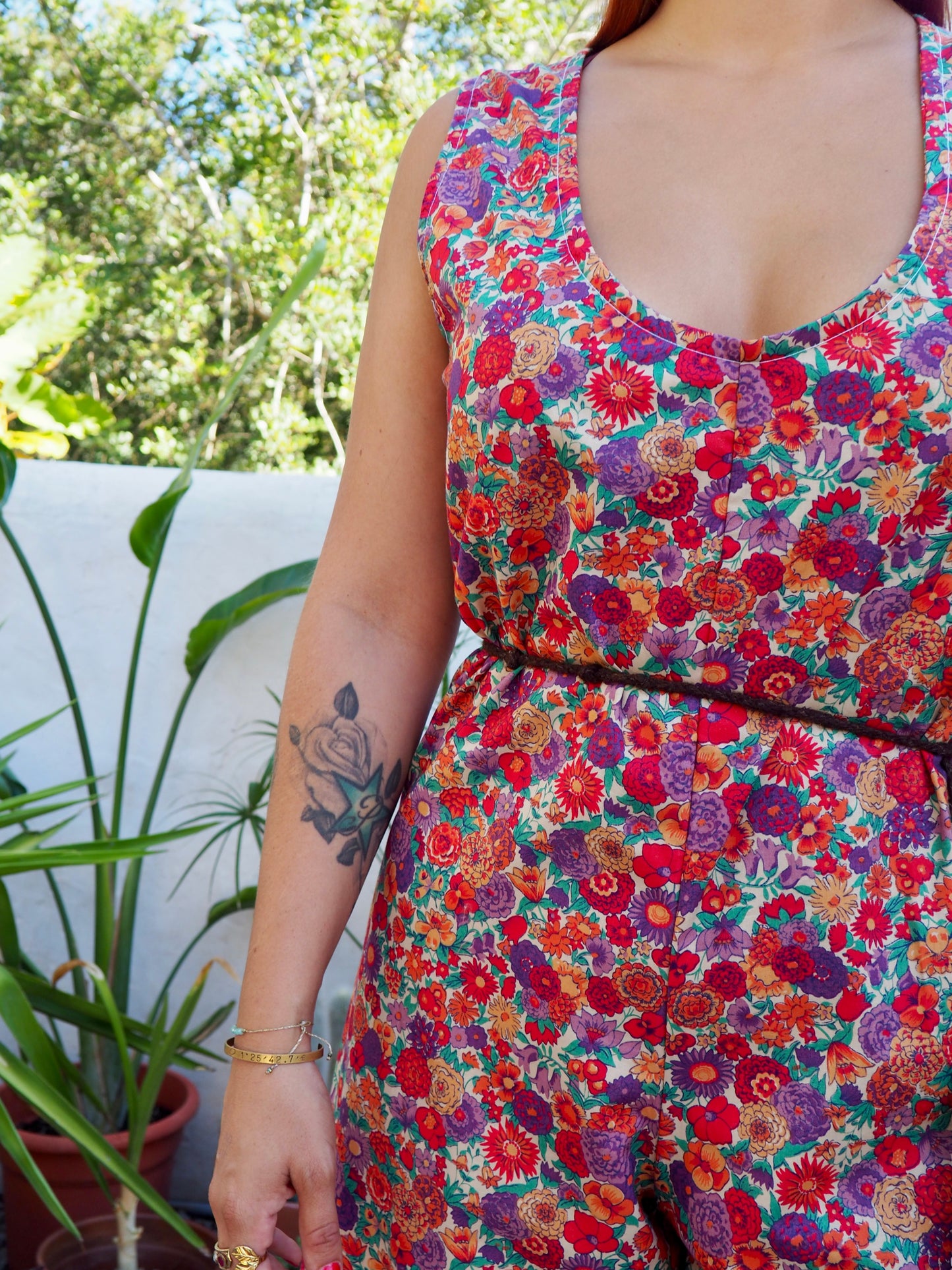 Vintage floral printed jumpsuits with wide leg pants and zip in back for fit up-cycled by Vagabond Ibiza