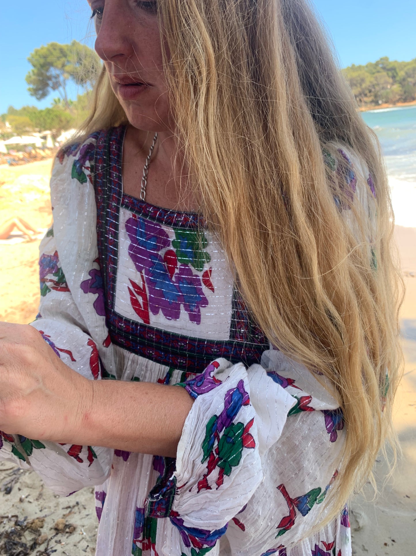 Vintage original rare 1970’s Indian block printed fine cotton dress in white with floral print
