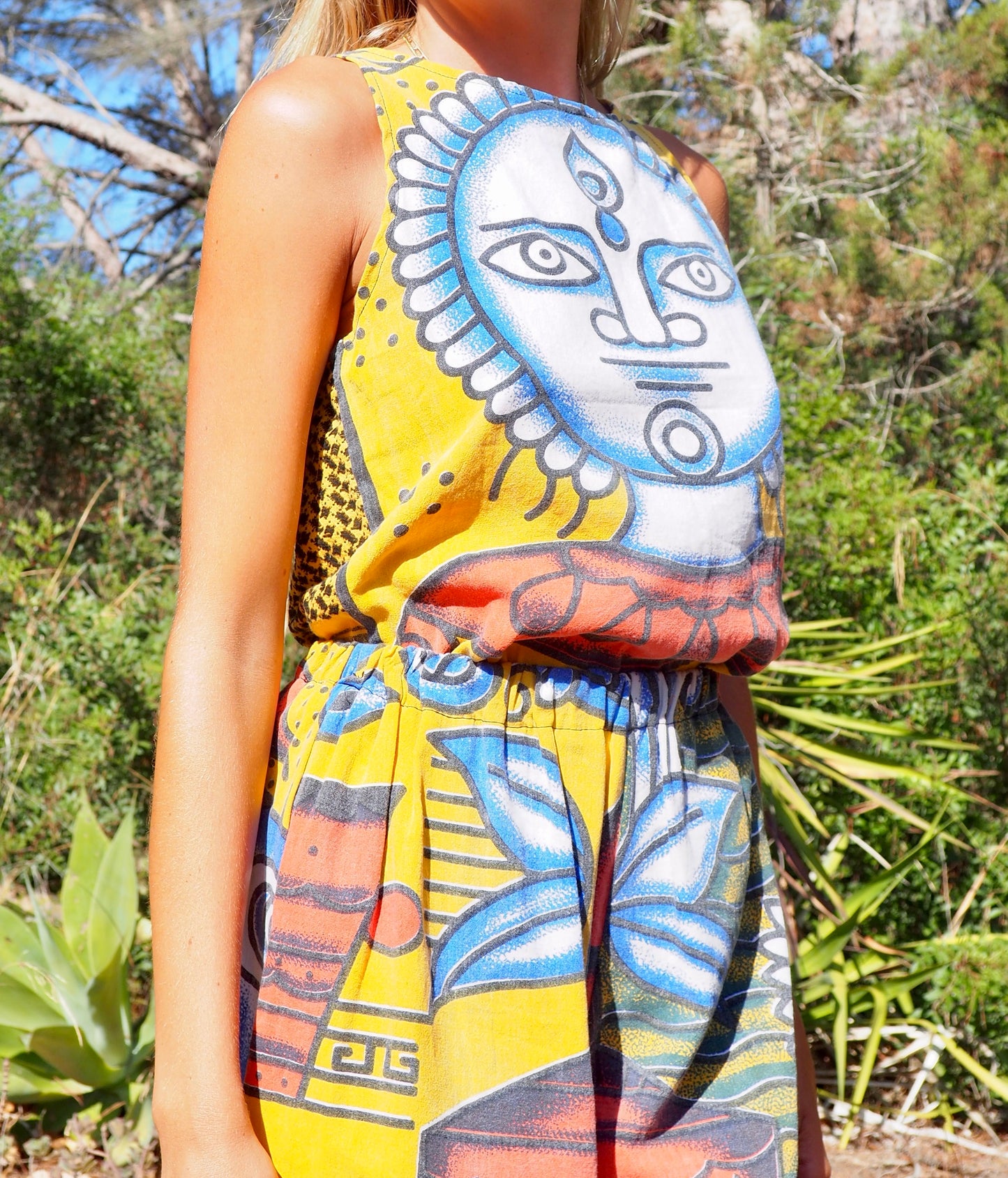Up-cycled cotton funky bright colourful patchwork printed vest t-shirt top by Vagabond Ibiza