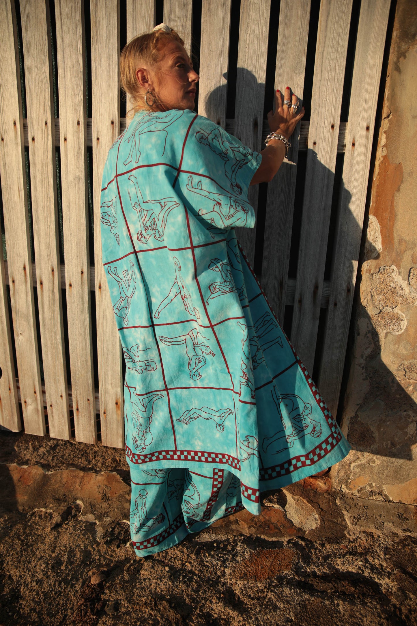 Up-cycled vintage cotton 2 piece set top and length kimono cover up with printed karma sutra design in bright blue pants sold separate