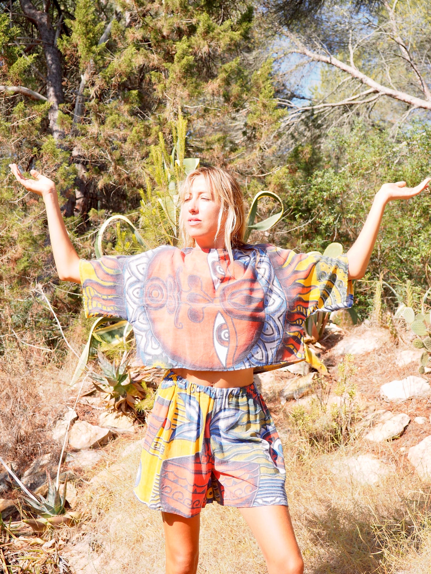 Up-cycled cotton Top with face red blue and yellow print up-cycled by Vagabond Ibiza
