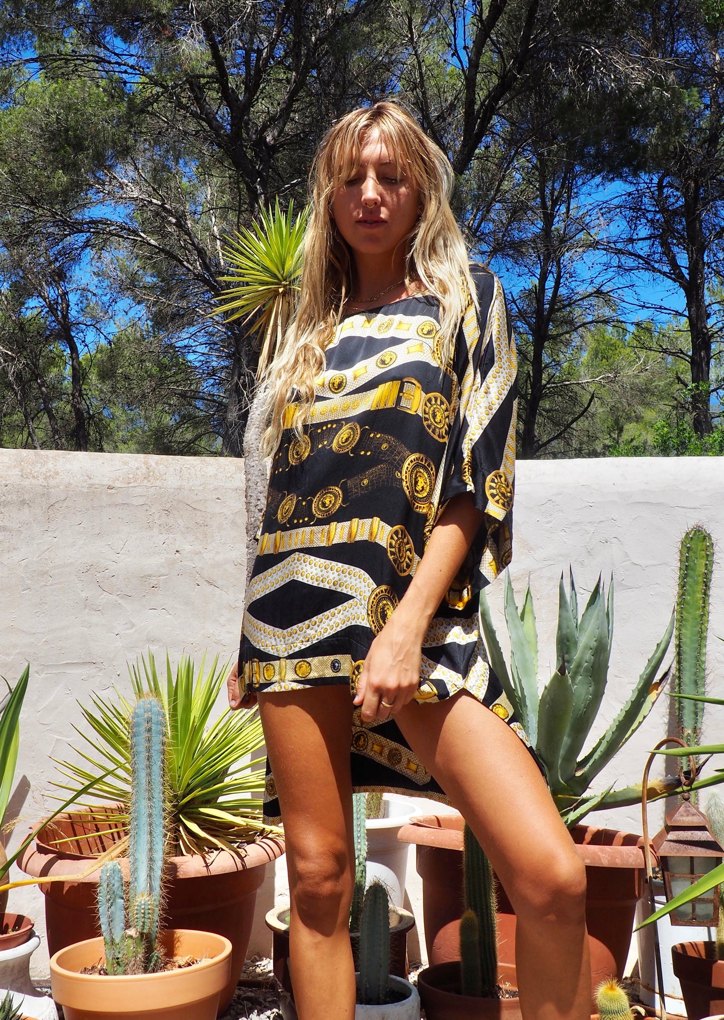 Pure silk black and gold printed dress/top super easy to wear day and night