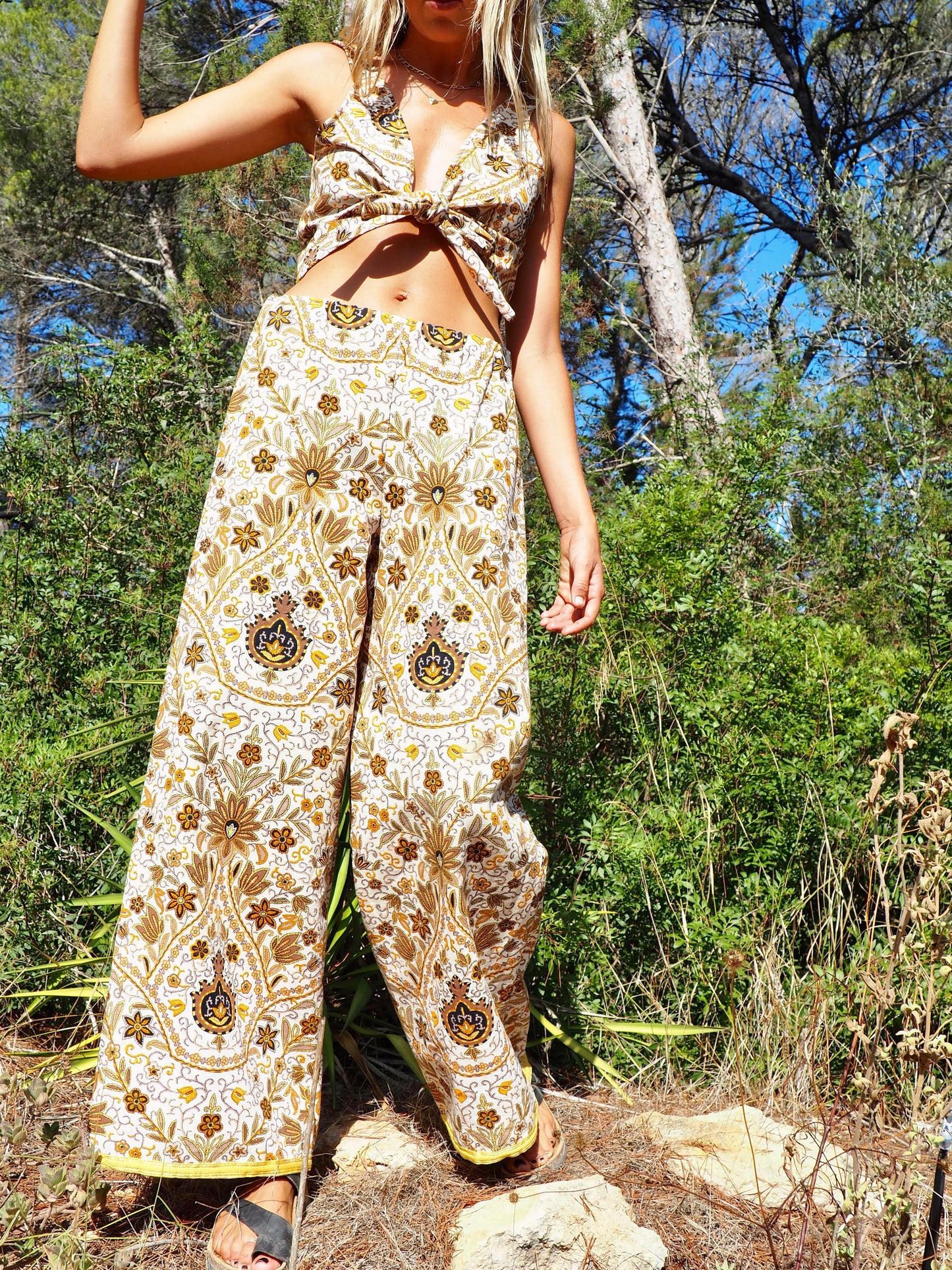 Up-cycled heavy cotton wide leg pants Cream yellow and black floral printed textiles from france very nice quality by Vagabond Ibiza made