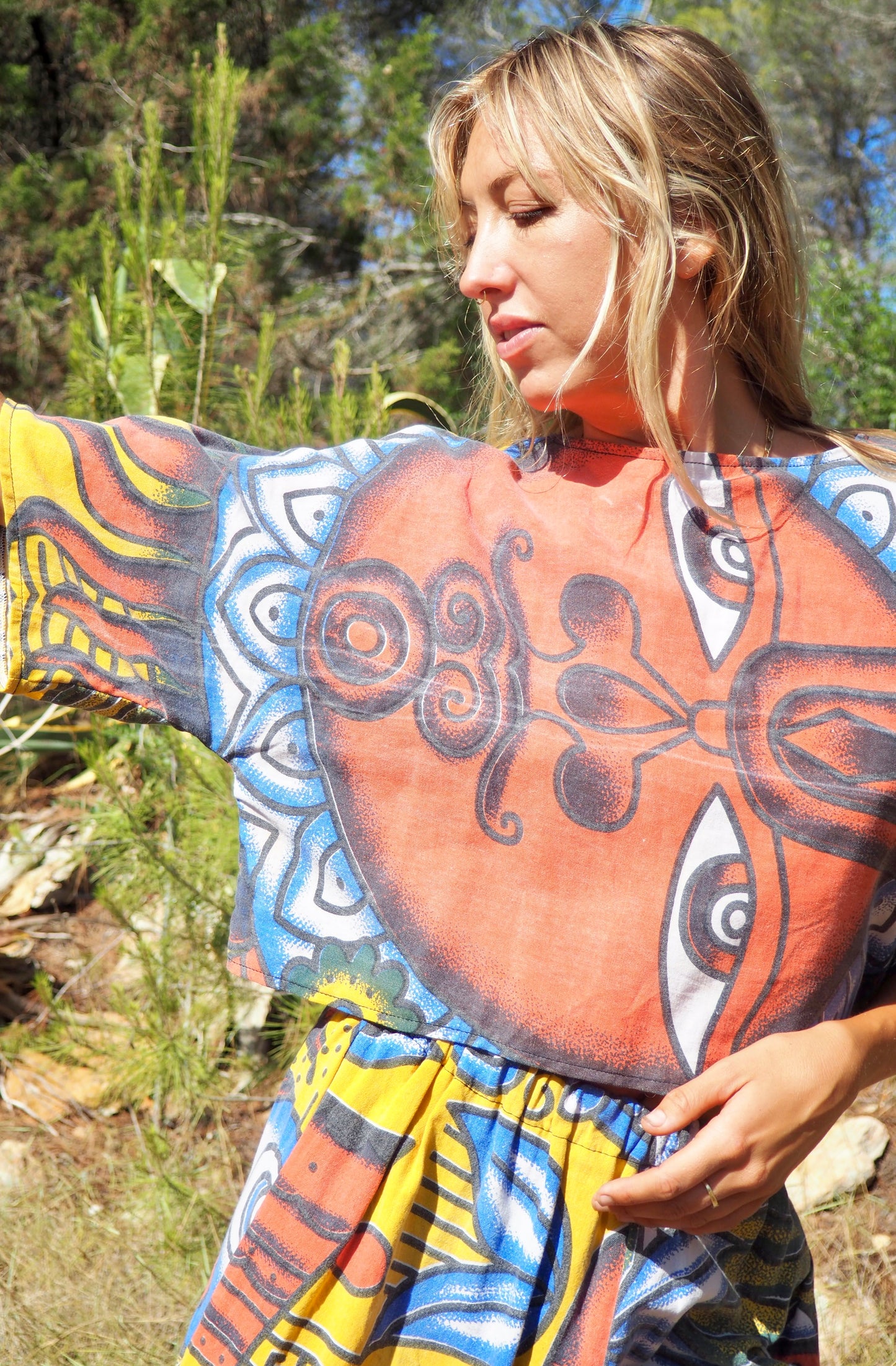 Up-cycled cotton Top with face red blue and yellow print up-cycled by Vagabond Ibiza