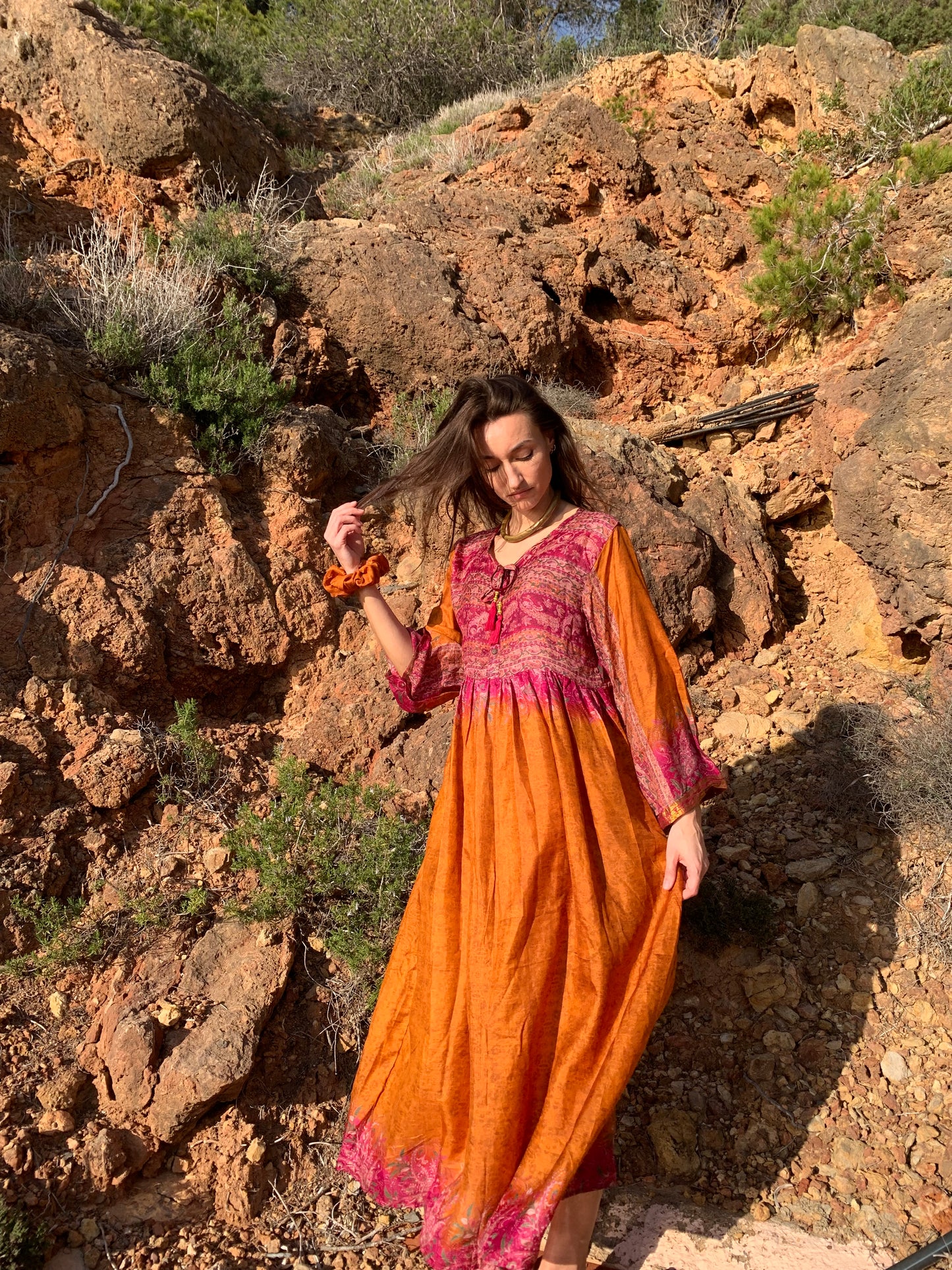 The Vadella Up-cycled Vintage Re-cycled Sari Maxi Dress – Sustainable Boho Dress with Tie Neck Detail + Matching Scrunchy & Bag