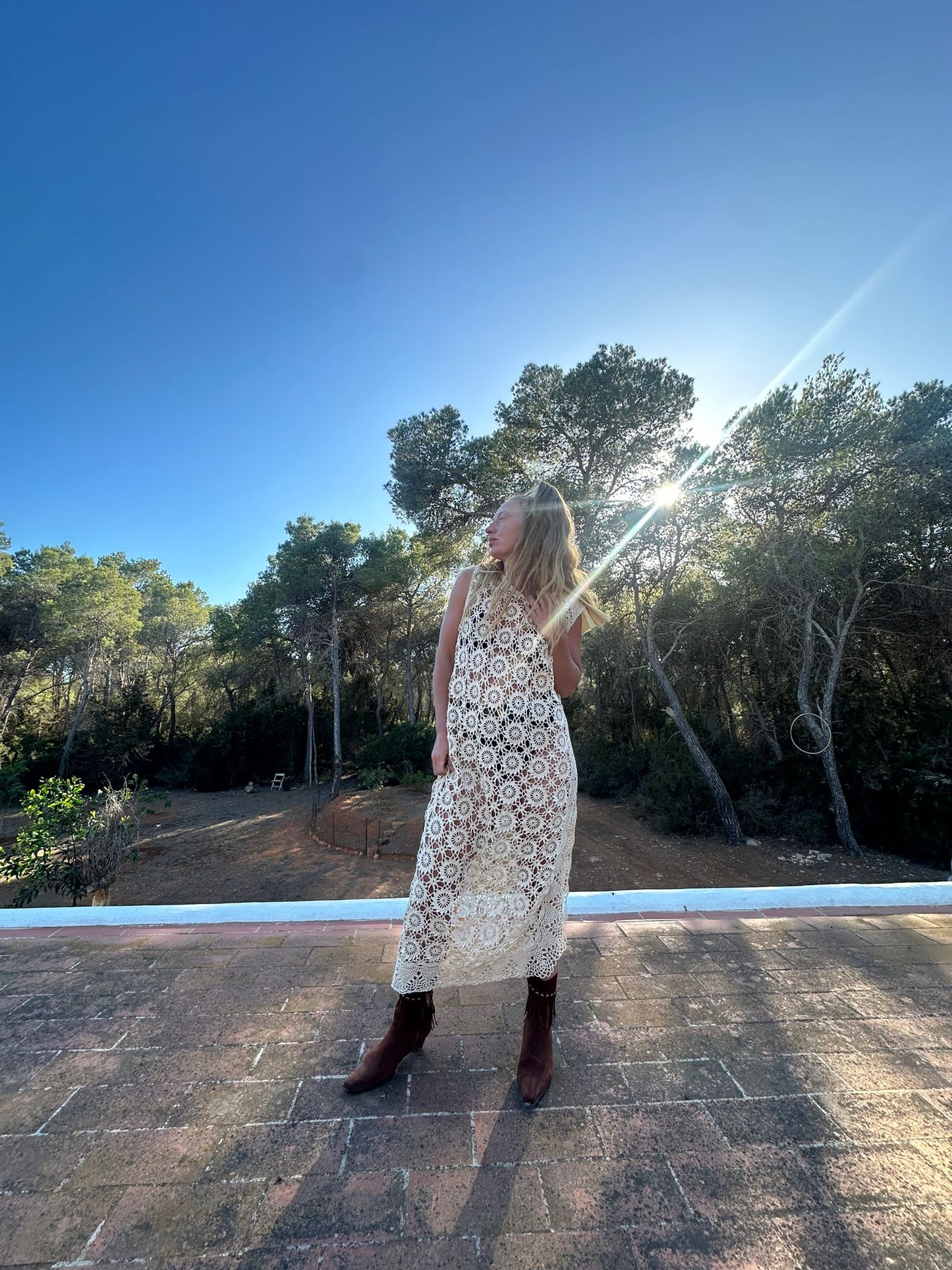 Creamy gold vintage crochet up-cycle long beach cover up with side split Ibiza party dress made by Vagabond Ibiza