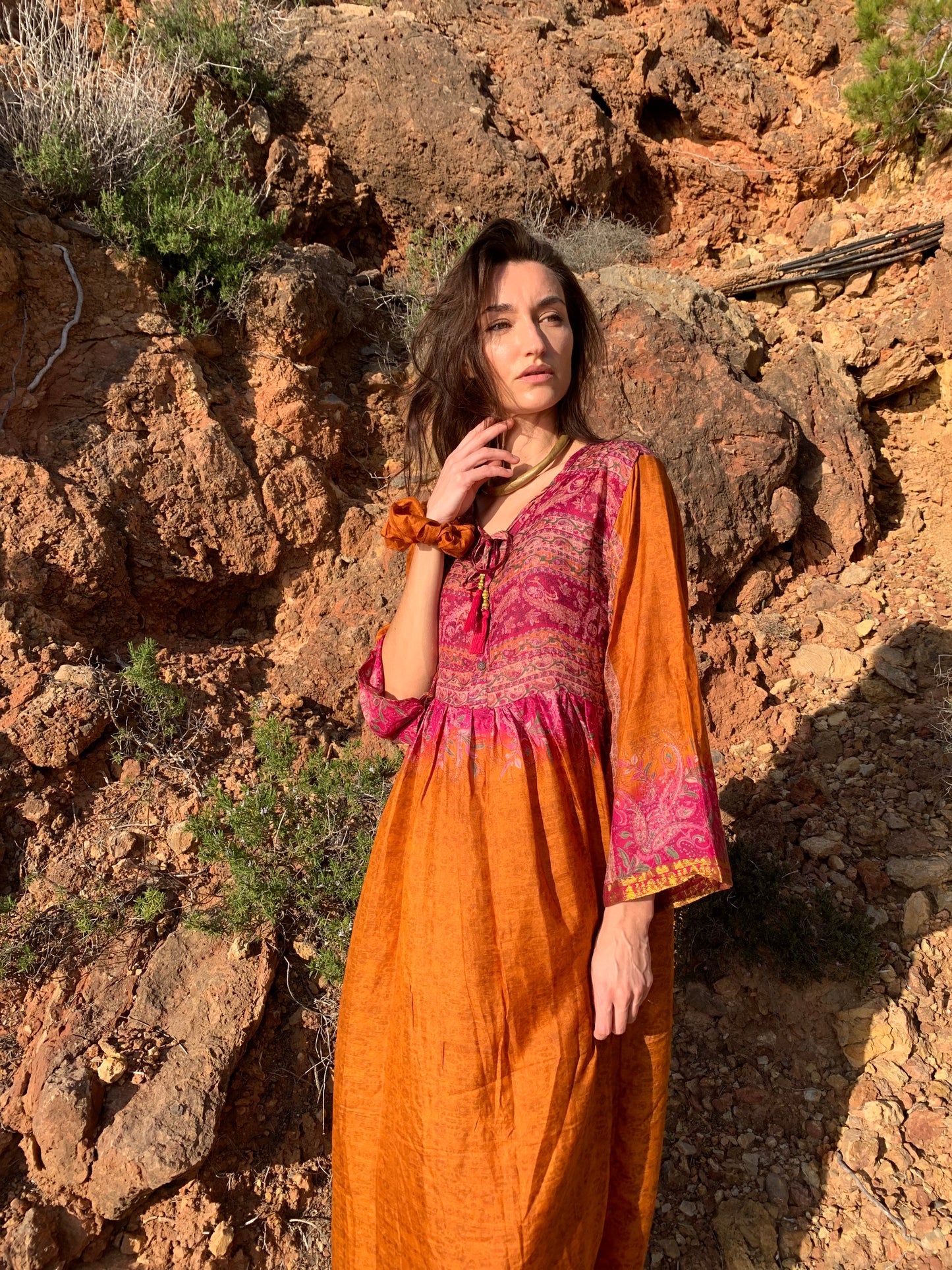 The Vadella Up-cycled Vintage Re-cycled Sari Maxi Dress – Sustainable Boho Dress with Tie Neck Detail + Matching Scrunchy & Bag