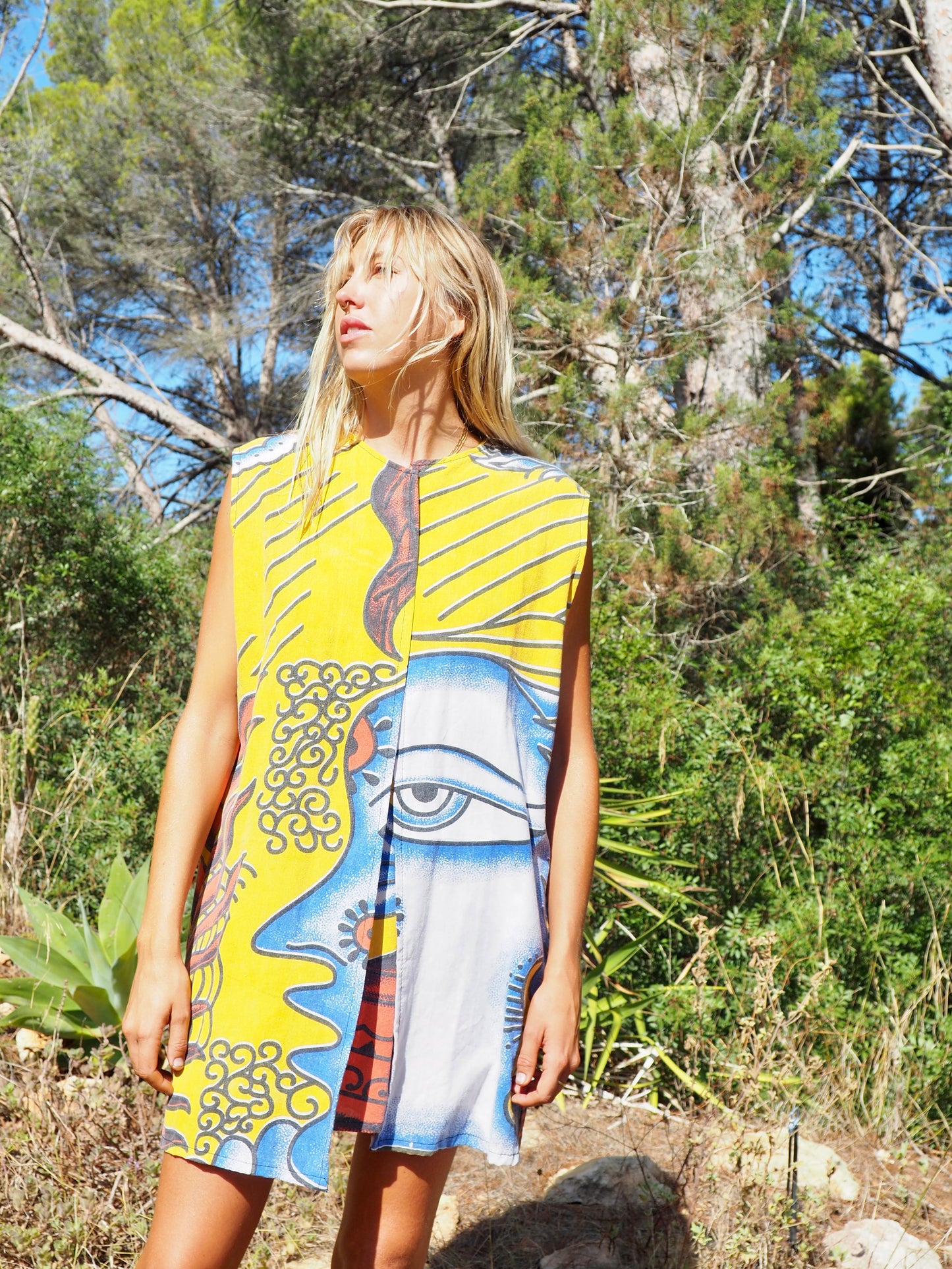 Up-cycled cotton funky bright colourful printed long waistcoat by Vagabond Ibiza