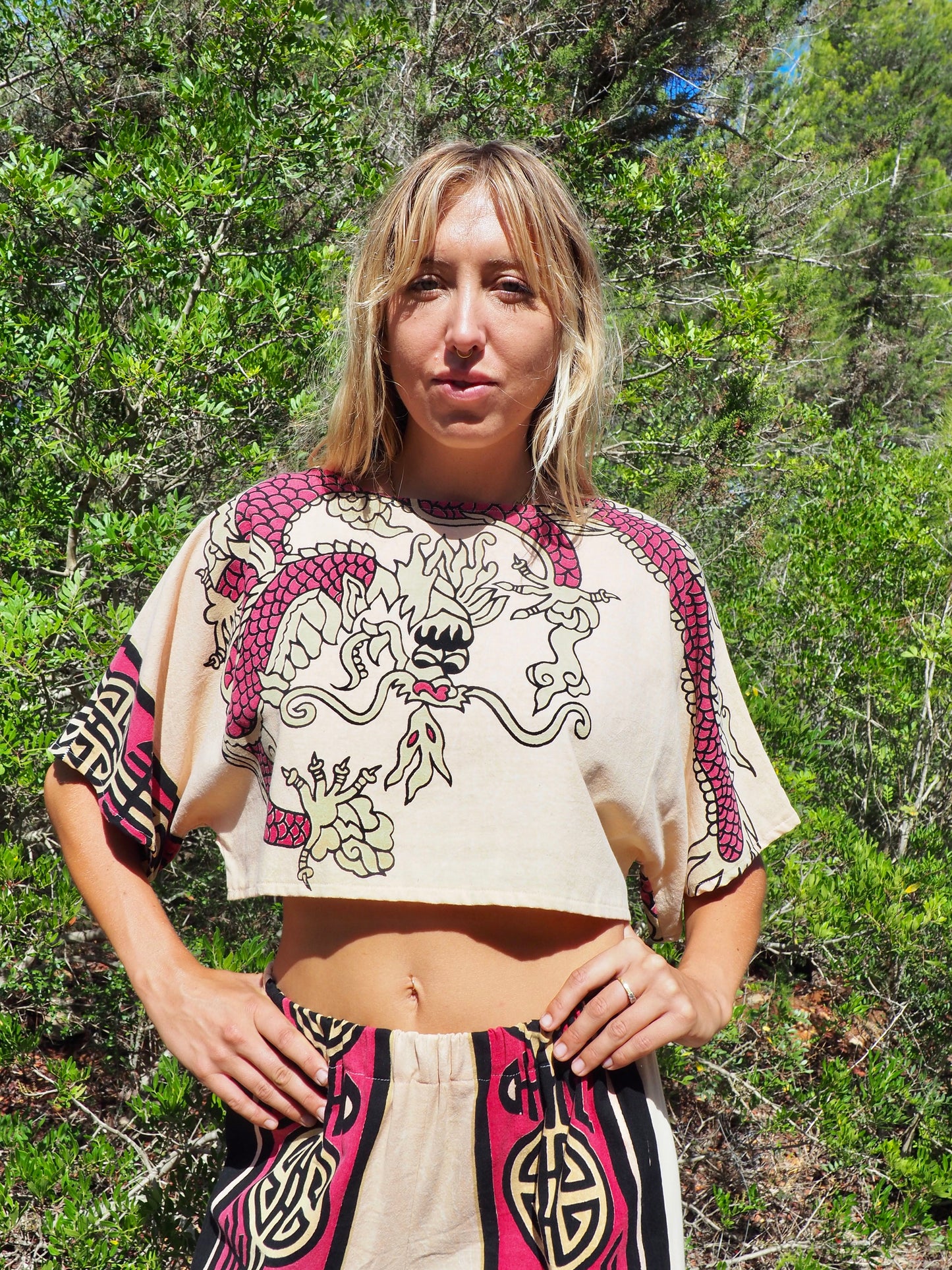 Up-cycled vintage cotton top cream and pink with dragon design by Vagabond Ibiza