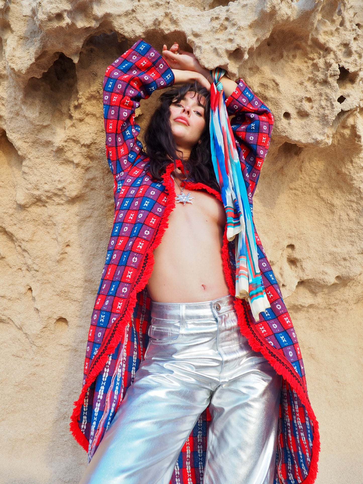 Upcycled Vintage Long Full Jacket in Red and Blue - Made by Vagabond Ibiza