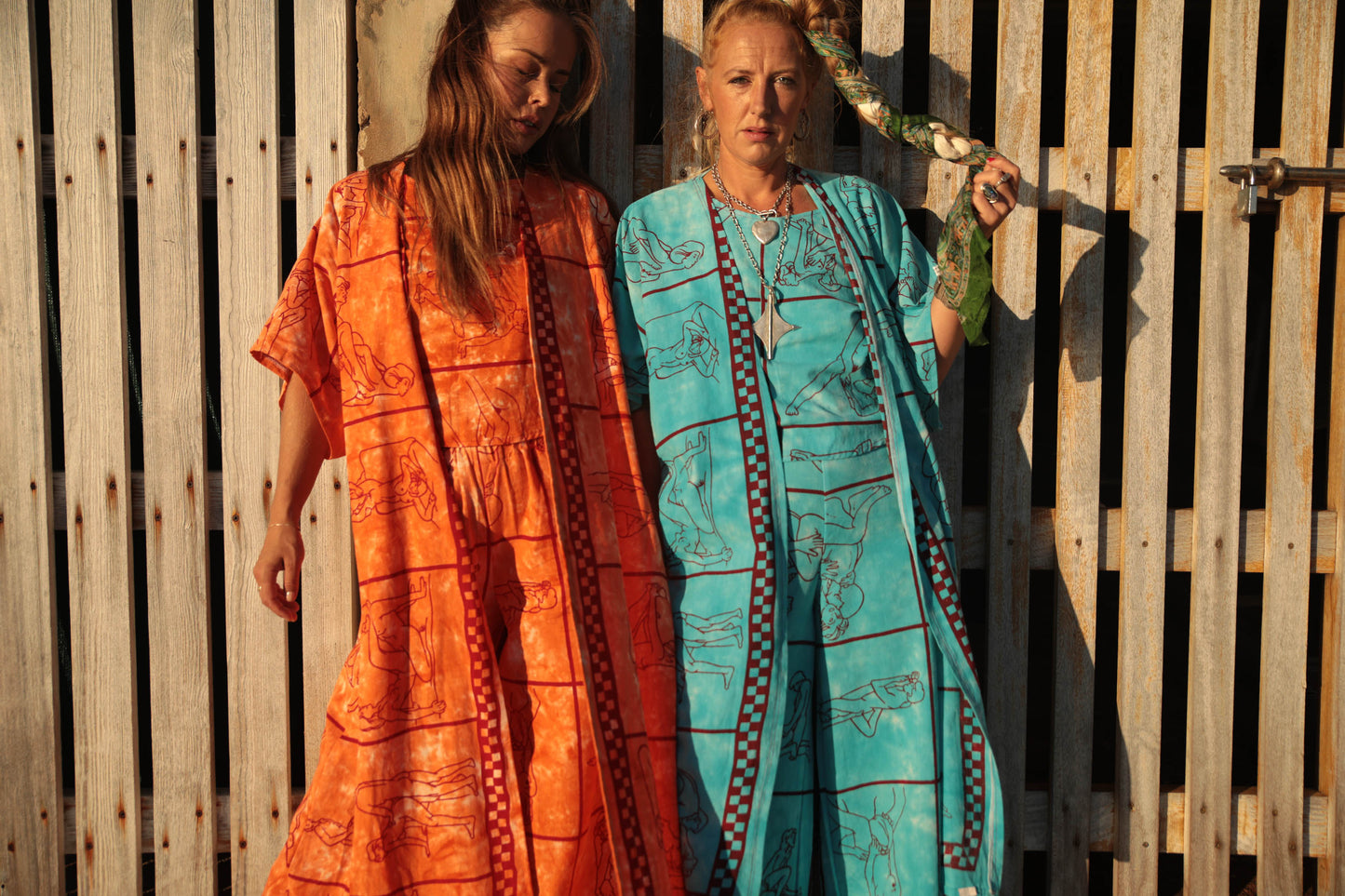 Up-cycled vintage cotton 2 piece set top and length kimono cover up with printed karma sutra design in bright blue pants sold separate