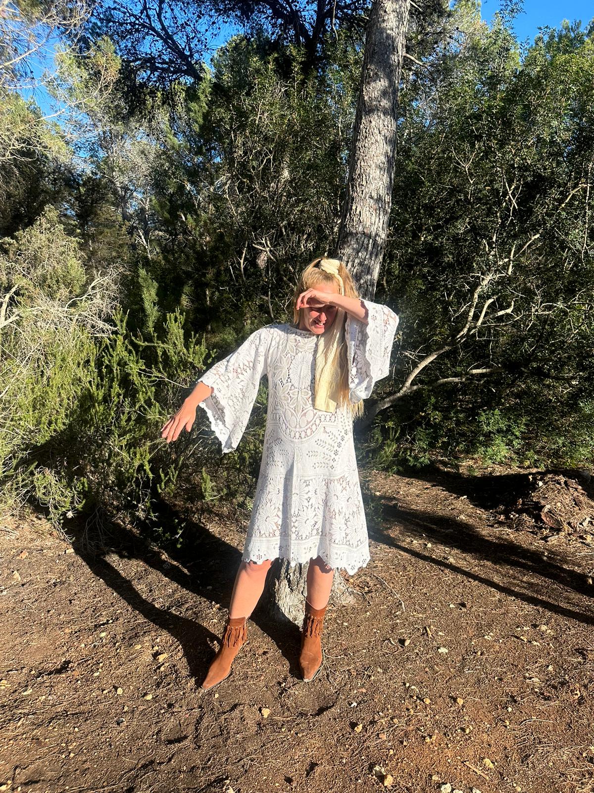 White vintage lace upcycled bell sleeve dress made by Vagabond Ibiza made in Ibiza