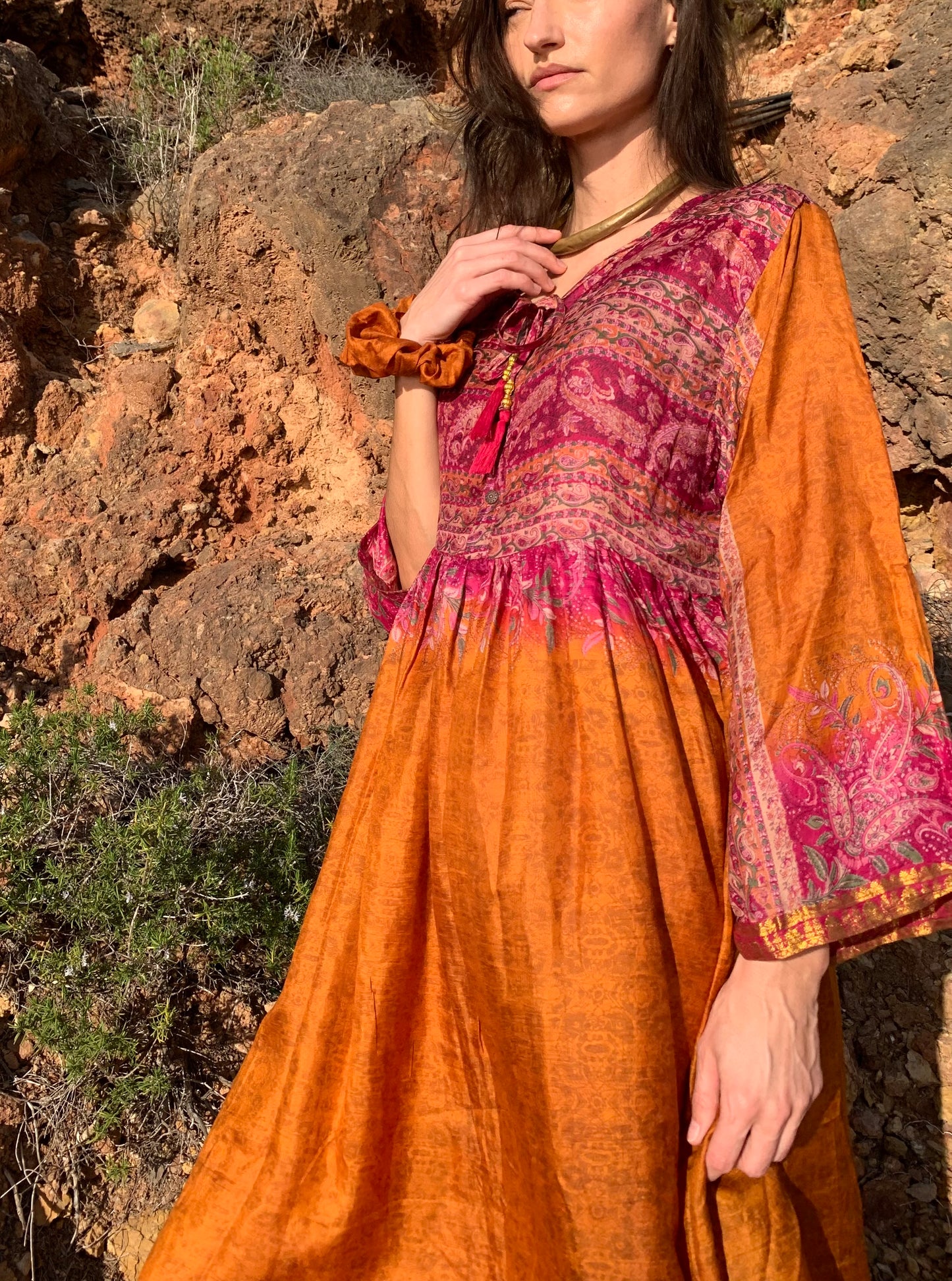 The Vadella Up-cycled Vintage Re-cycled Sari Maxi Dress – Sustainable Boho Dress with Tie Neck Detail + Matching Scrunchy & Bag