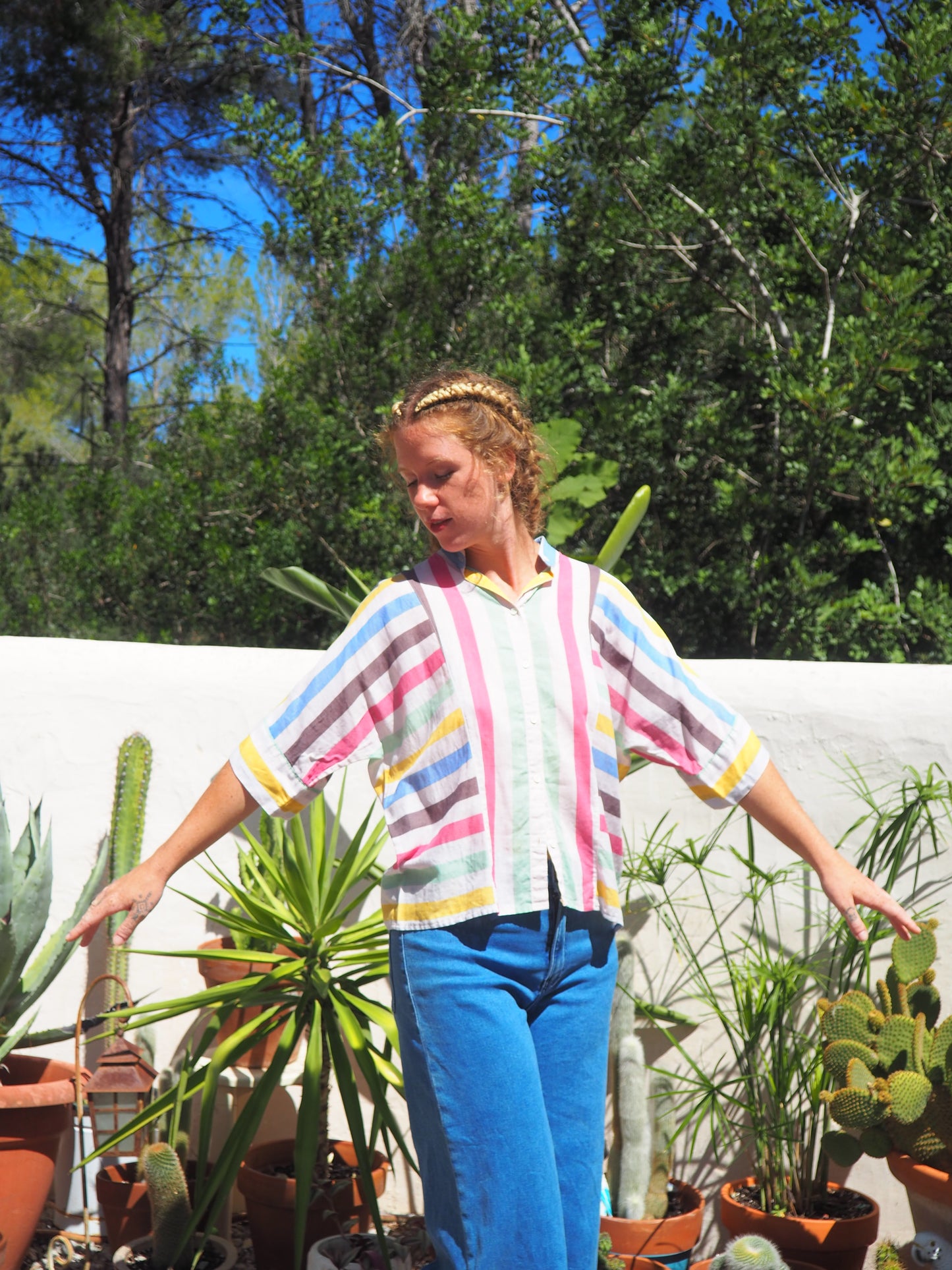 Vintage early 80’s fine cotton rainbow striped shirt with 80’s style sleeve details