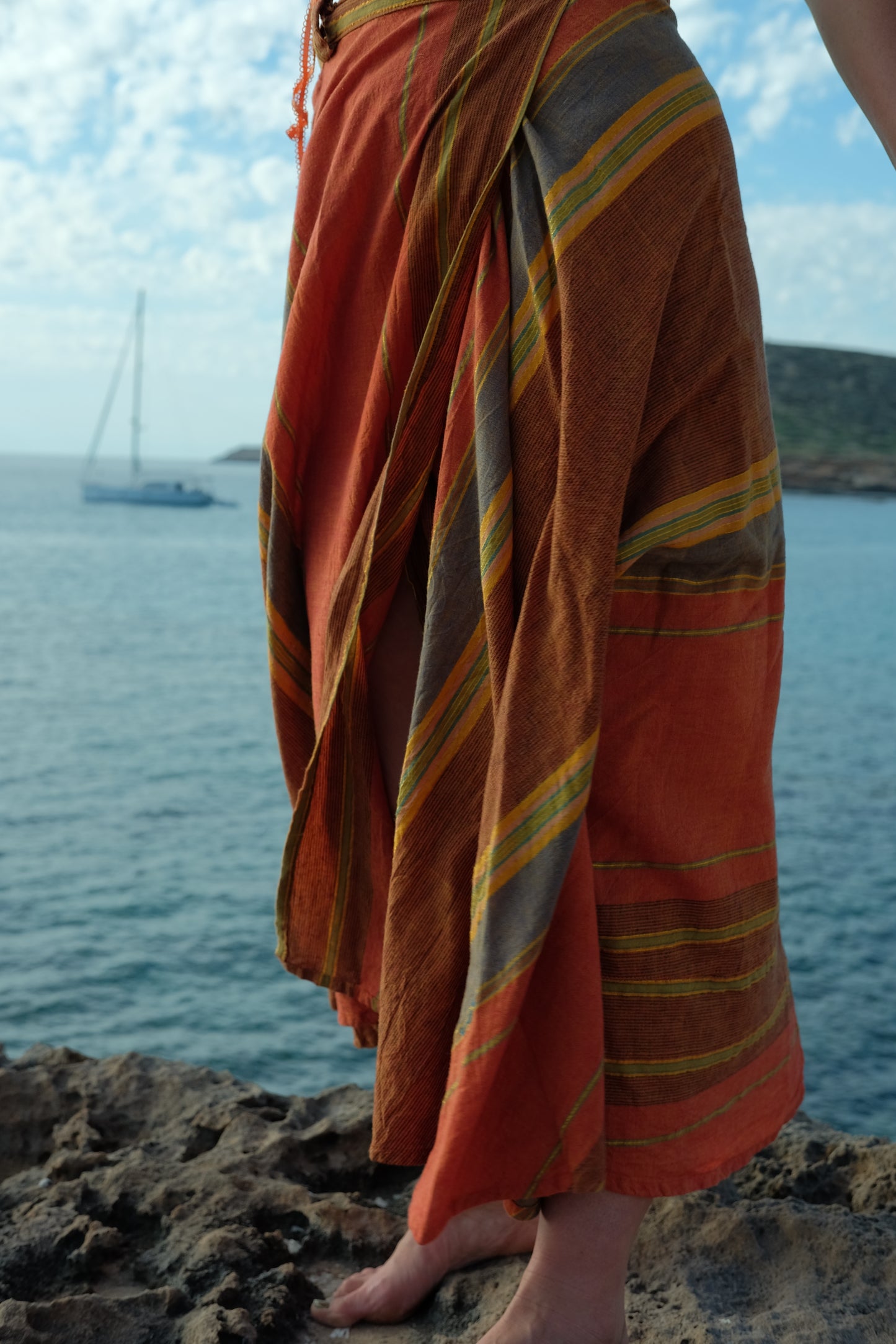 Vintage Indian cotton block printed long length wrap skirt in orange tones