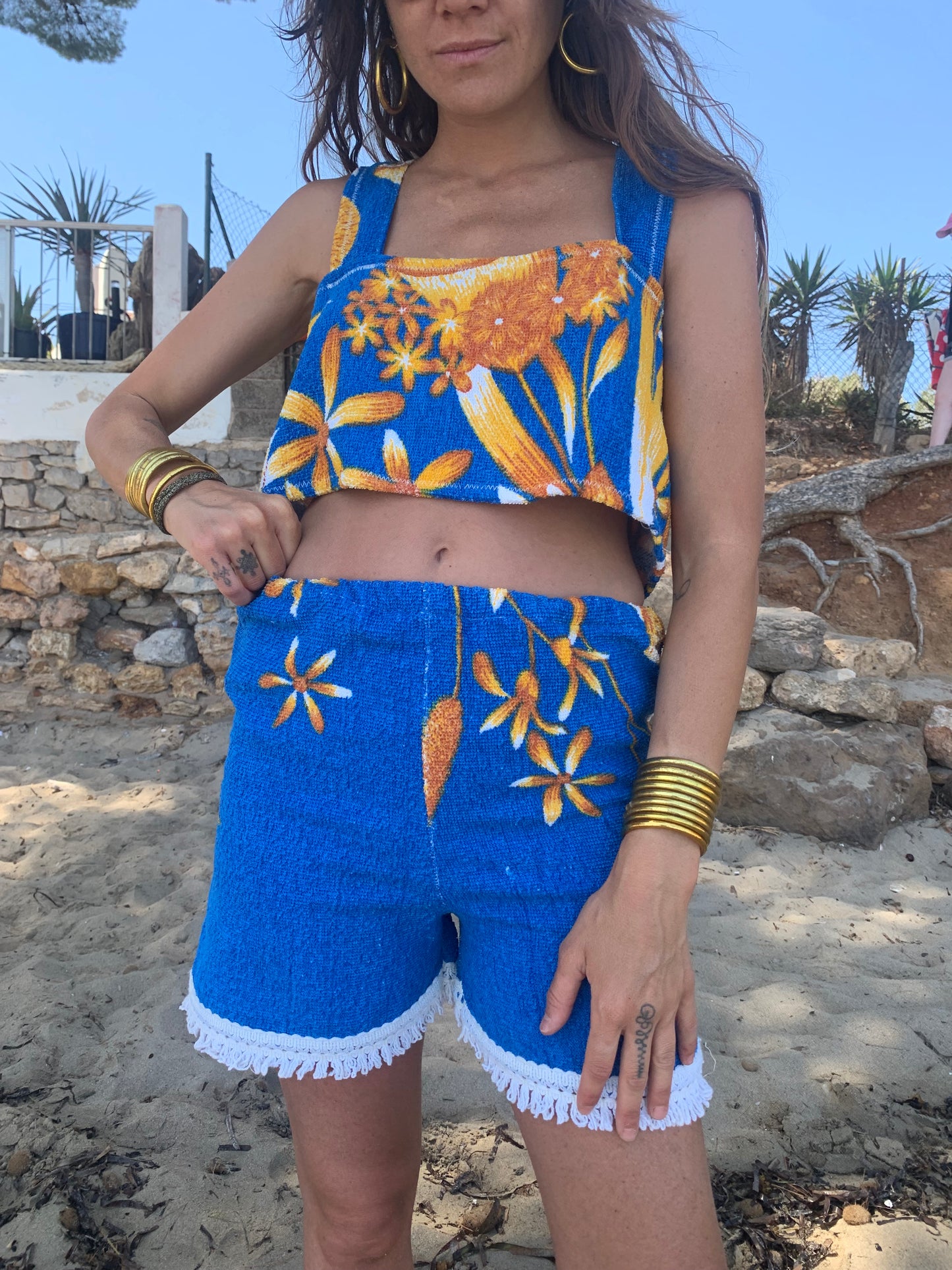 Up-cycled terry towelling shorts only by Vagabond Ibiza bright blue with orange floral detail
