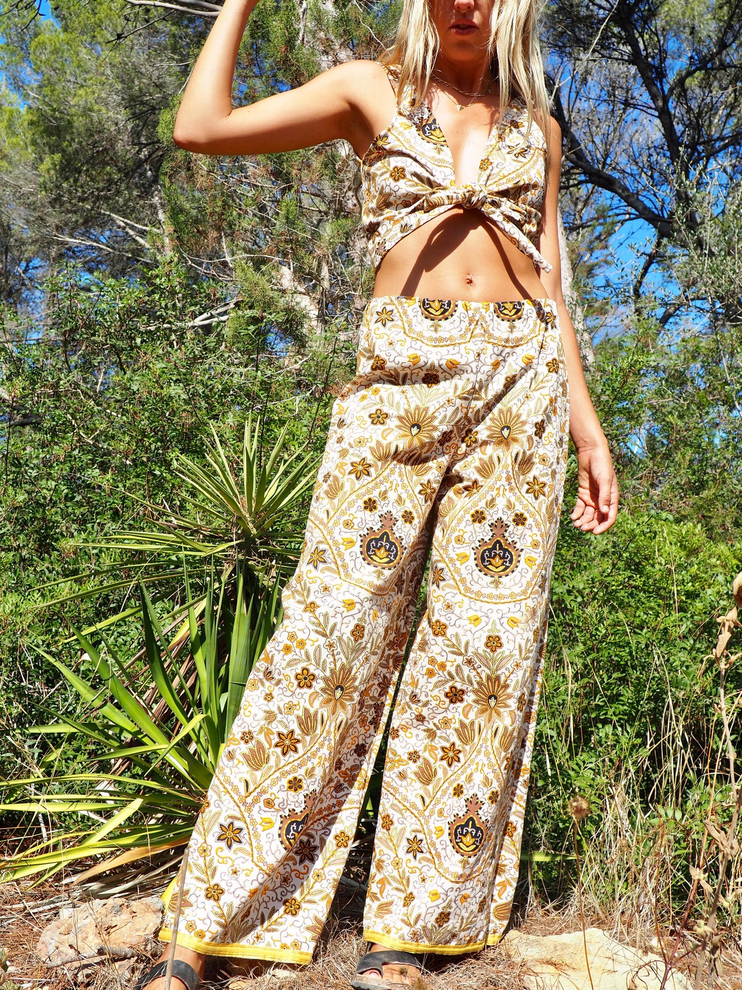 Up-cycled heavy cotton wide leg pants Cream yellow and black floral printed textiles from france very nice quality by Vagabond Ibiza made
