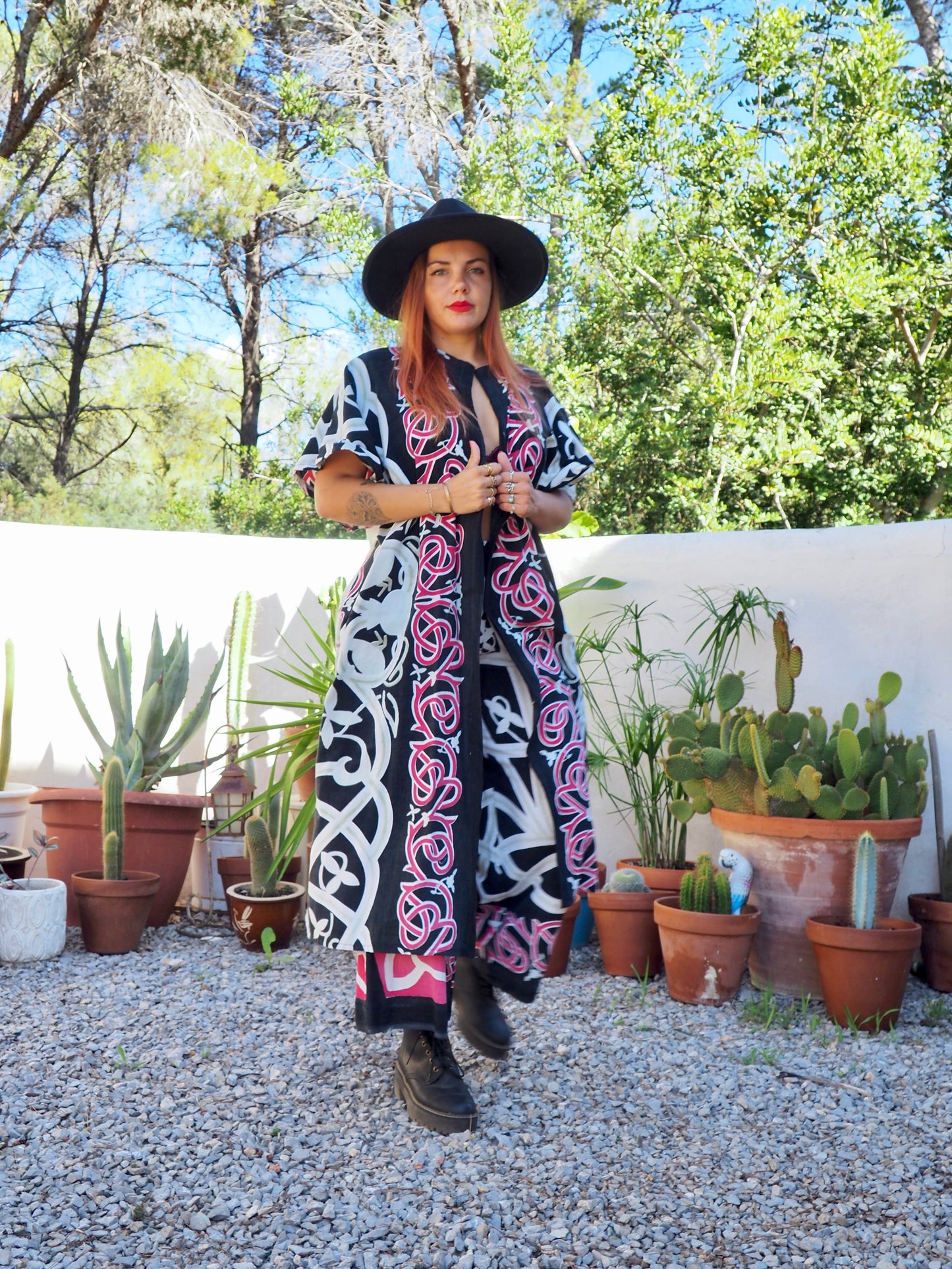 Long oversized waistcoat jacket up-cycled by Vagabond Ibiza from screen printed cotton textiles super cool.