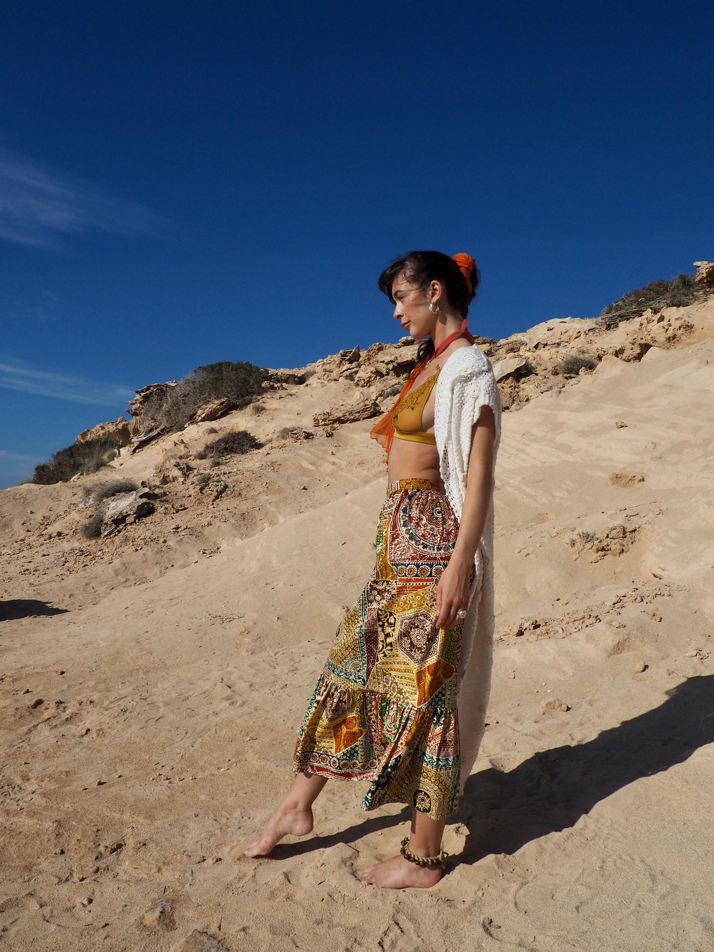 Vintage 1970s Cotton Patchwork Printed Maxi Skirt
